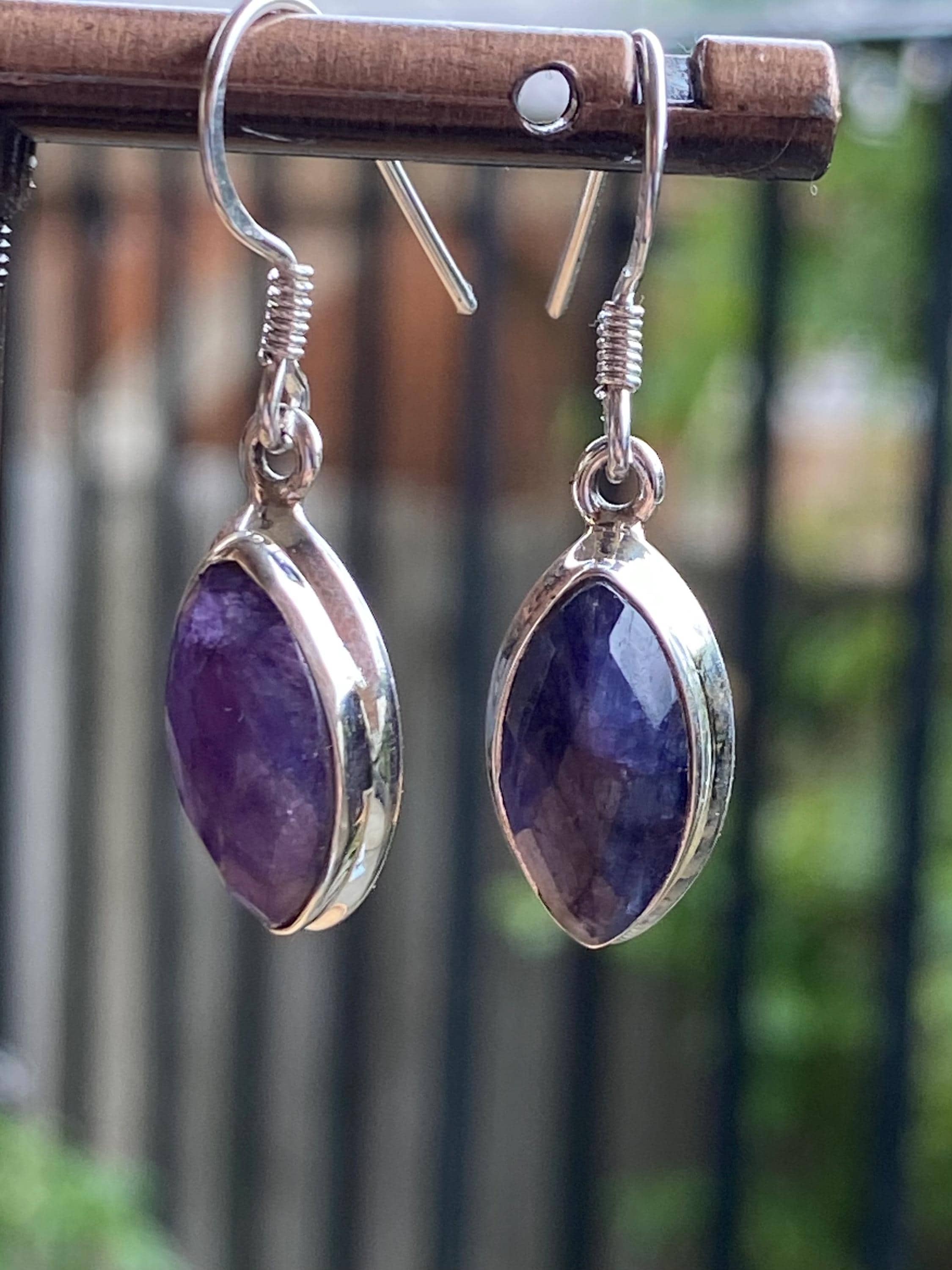 Marquise Raw Sapphire Dangle Earrings, Sterling Silver, September Birthstone