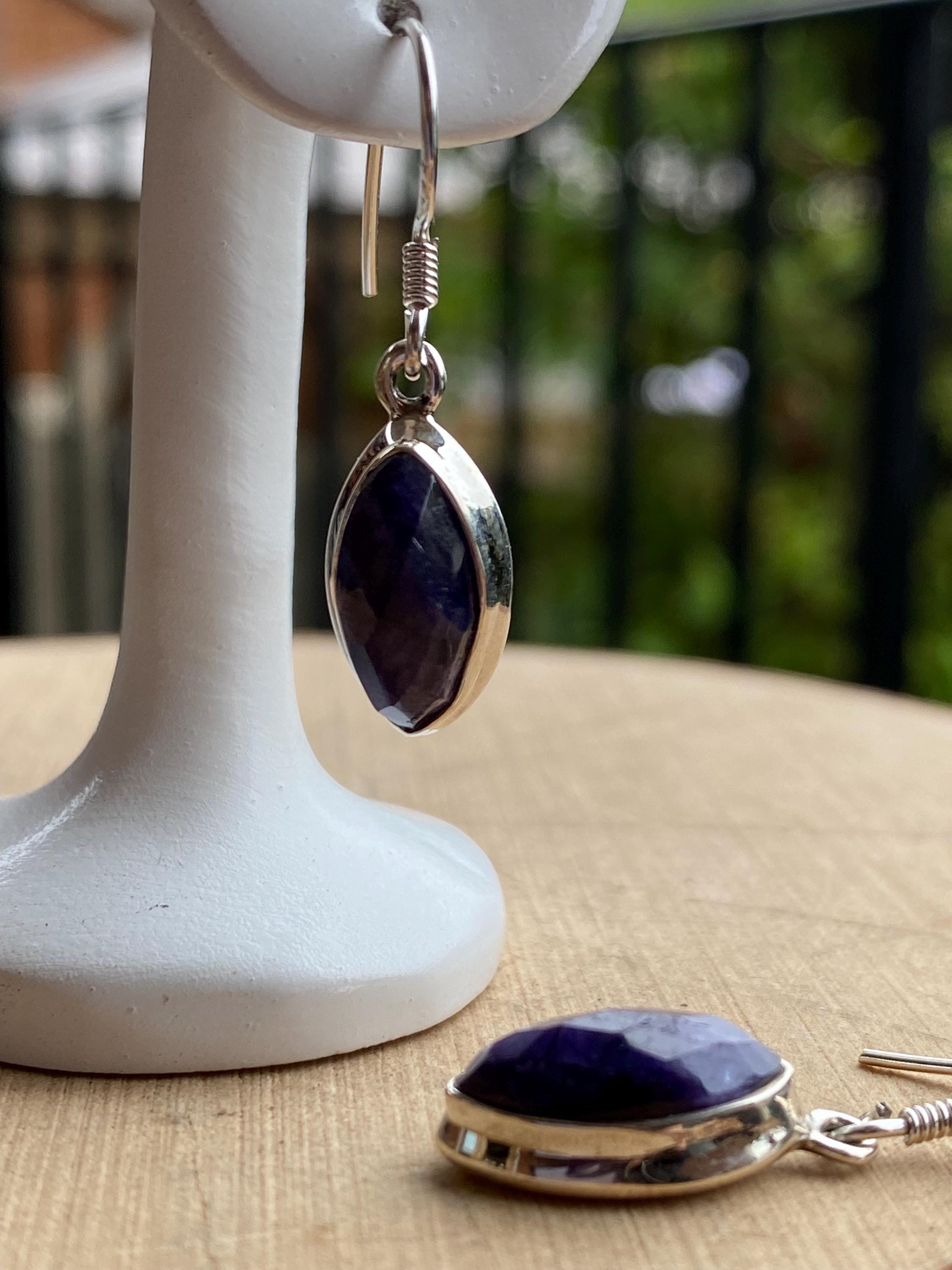 Marquise Raw Sapphire Dangle Earrings, Sterling Silver, September Birthstone