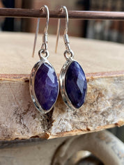 Marquise Raw Sapphire Dangle Earrings, Sterling Silver, September Birthstone