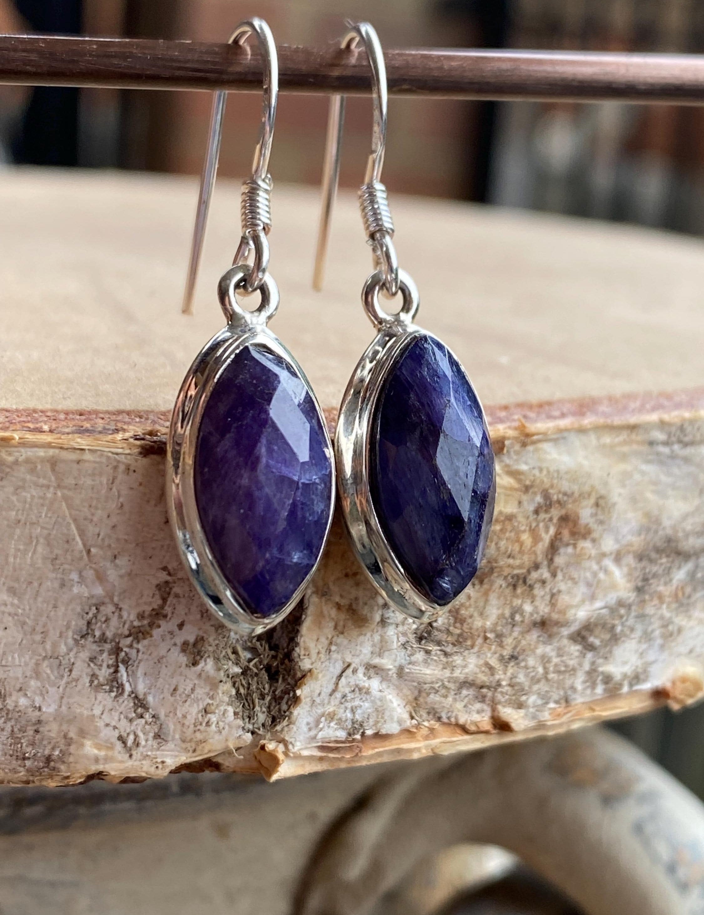 Marquise Raw Sapphire Dangle Earrings, Sterling Silver, September Birthstone