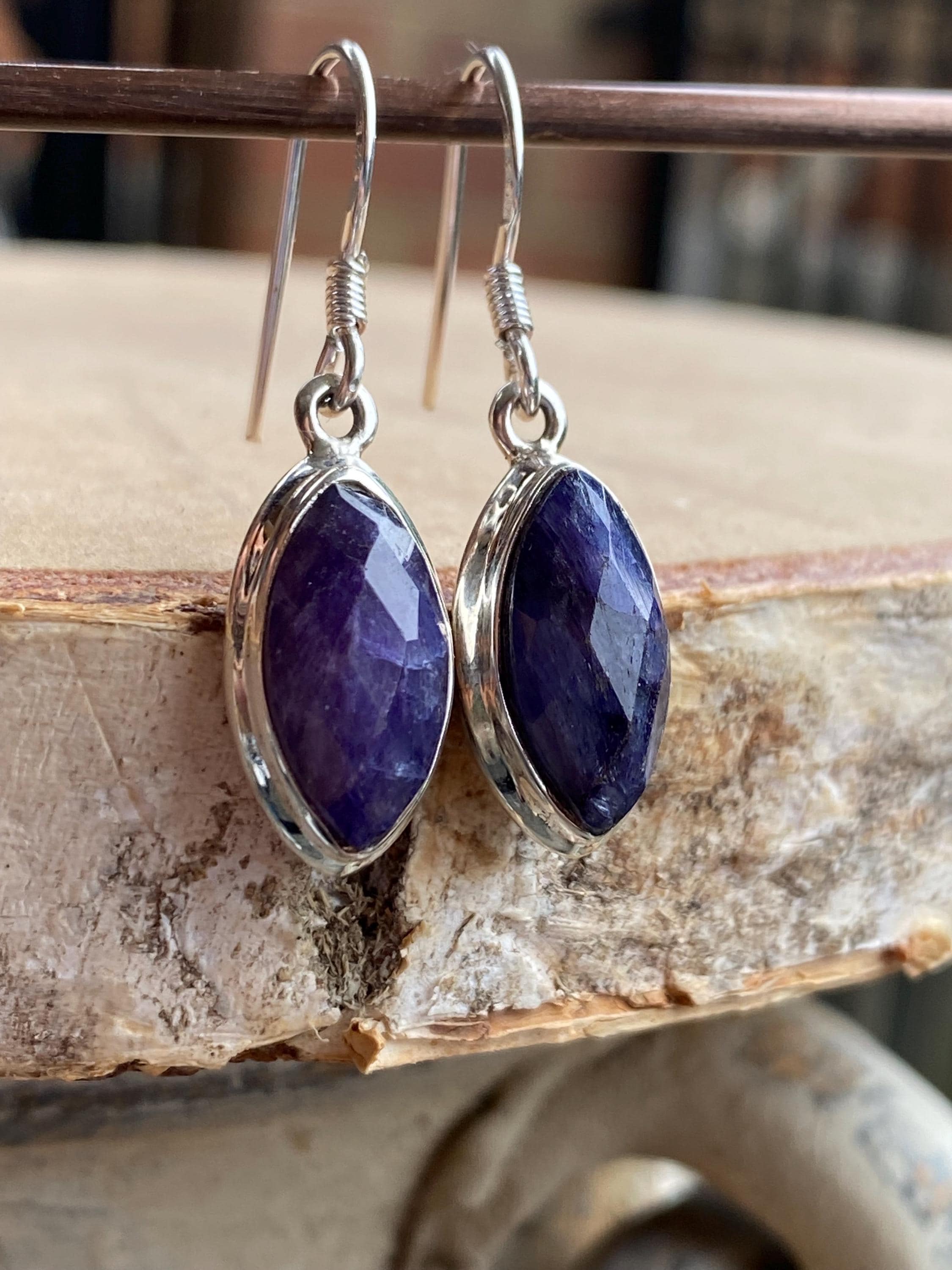 Marquise Raw Sapphire Dangle Earrings, Sterling Silver, September Birthstone