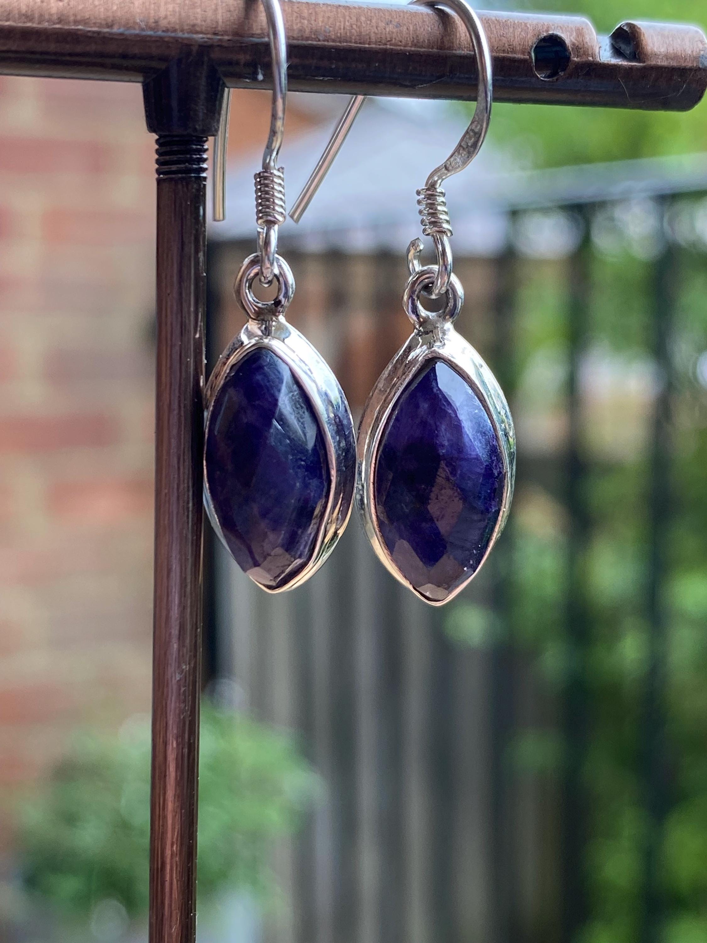 Marquise Raw Sapphire Dangle Earrings, Sterling Silver, September Birthstone
