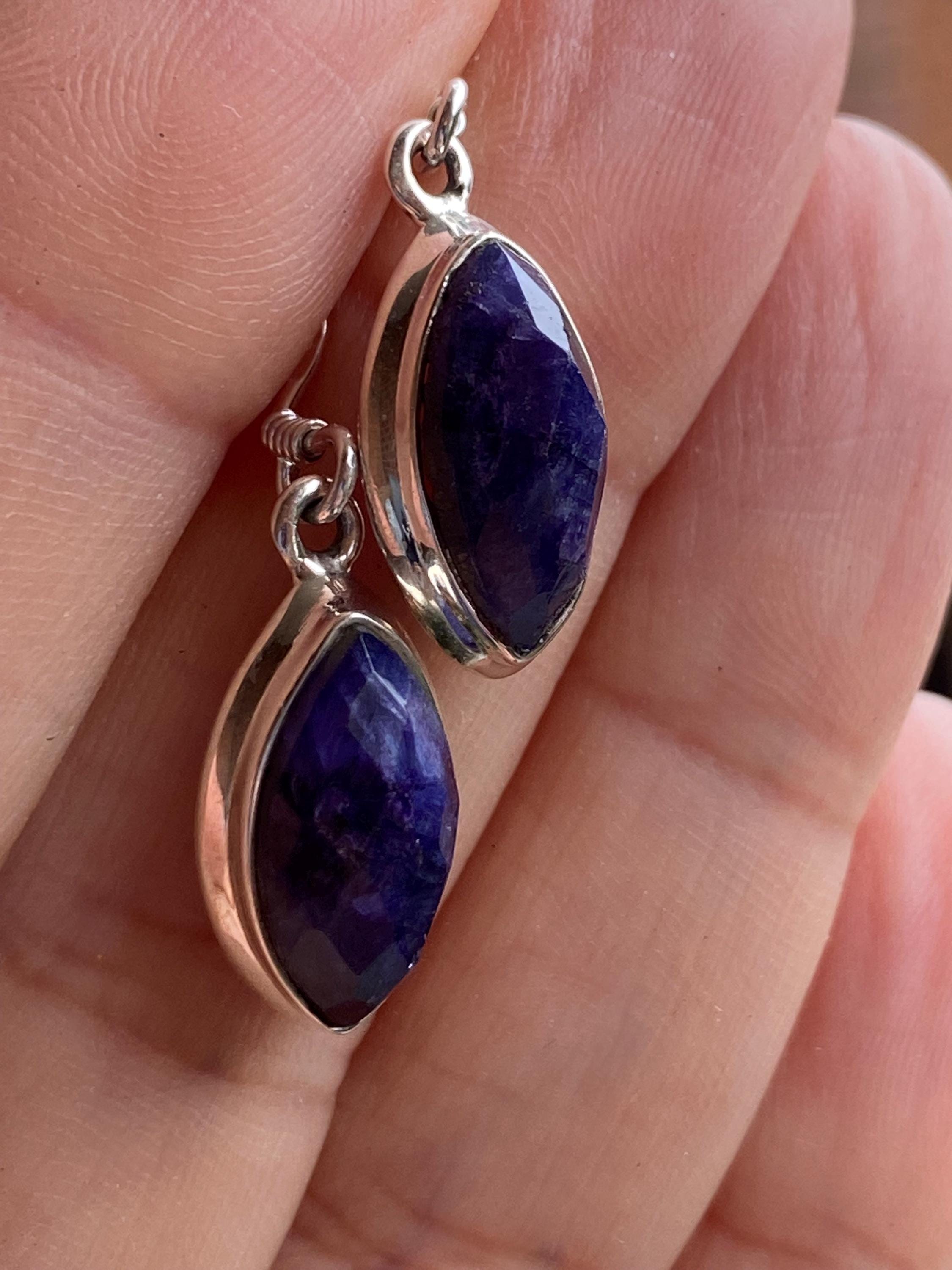 Marquise Raw Sapphire Dangle Earrings, Sterling Silver, September Birthstone