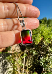 Watermelon Tourmaline Pendant, Emerald Cut 14mm 10mm Sterling Silver, Handmade UK gift