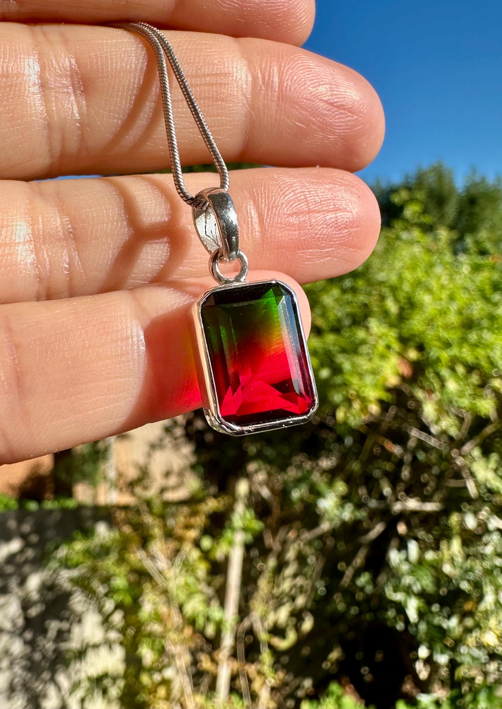Watermelon Tourmaline Pendant, Emerald Cut 14mm 10mm Sterling Silver, Handmade UK gift