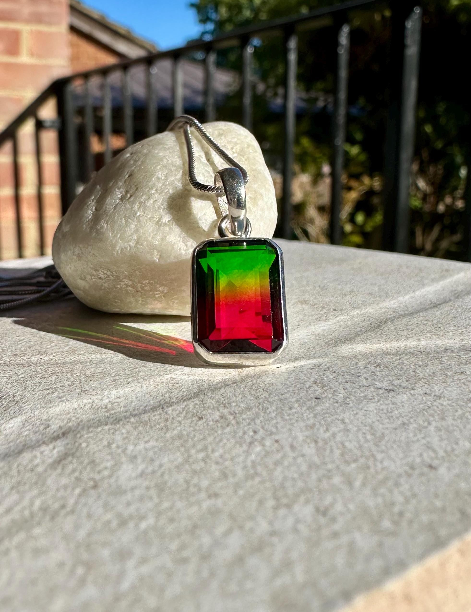 Watermelon Tourmaline Pendant, Emerald Cut 14mm 10mm Sterling Silver, Handmade UK gift