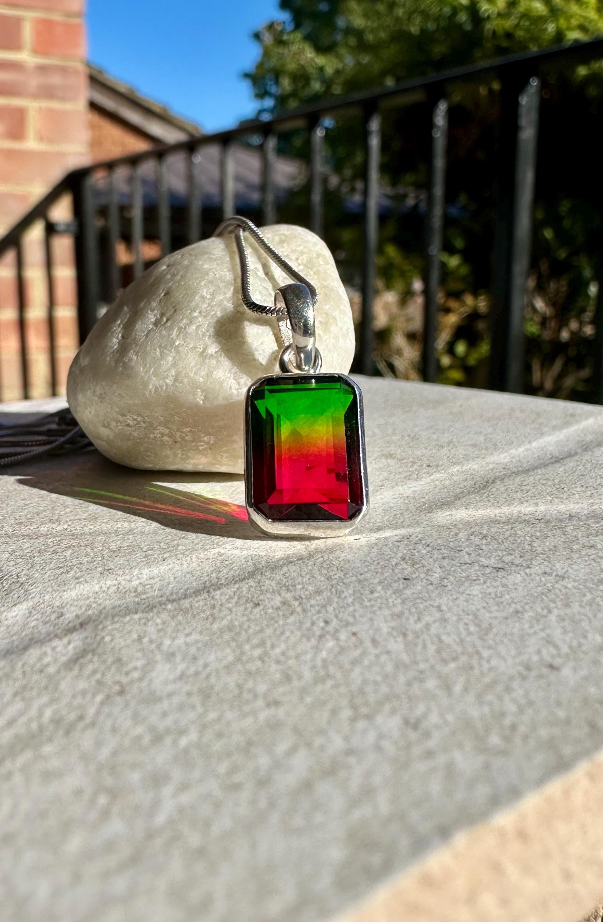 Watermelon Tourmaline Pendant, Emerald Cut 14mm 10mm Sterling Silver, Handmade UK gift