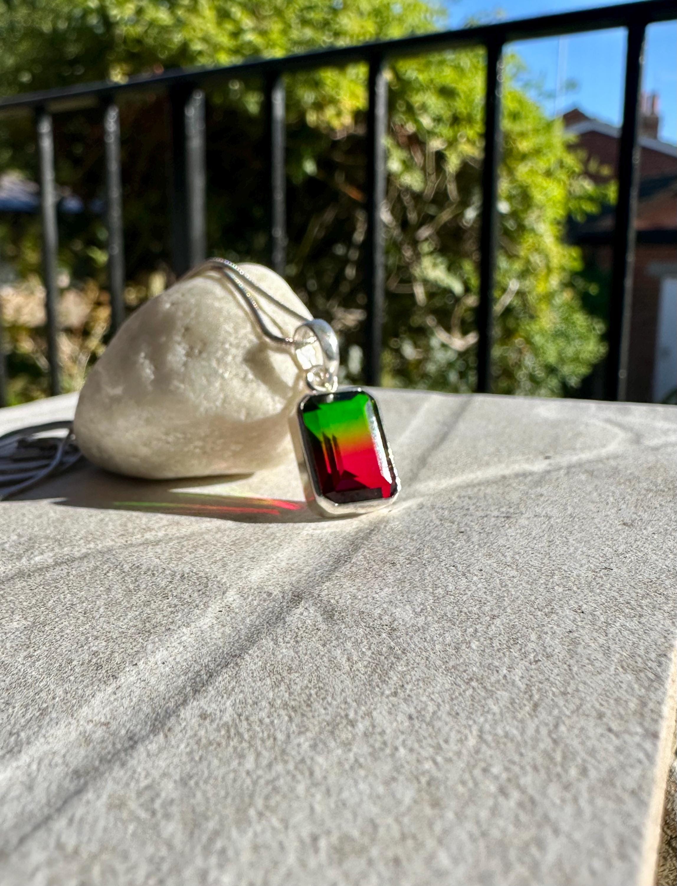 Watermelon Tourmaline Pendant, Emerald Cut 14mm 10mm Sterling Silver, Handmade UK gift