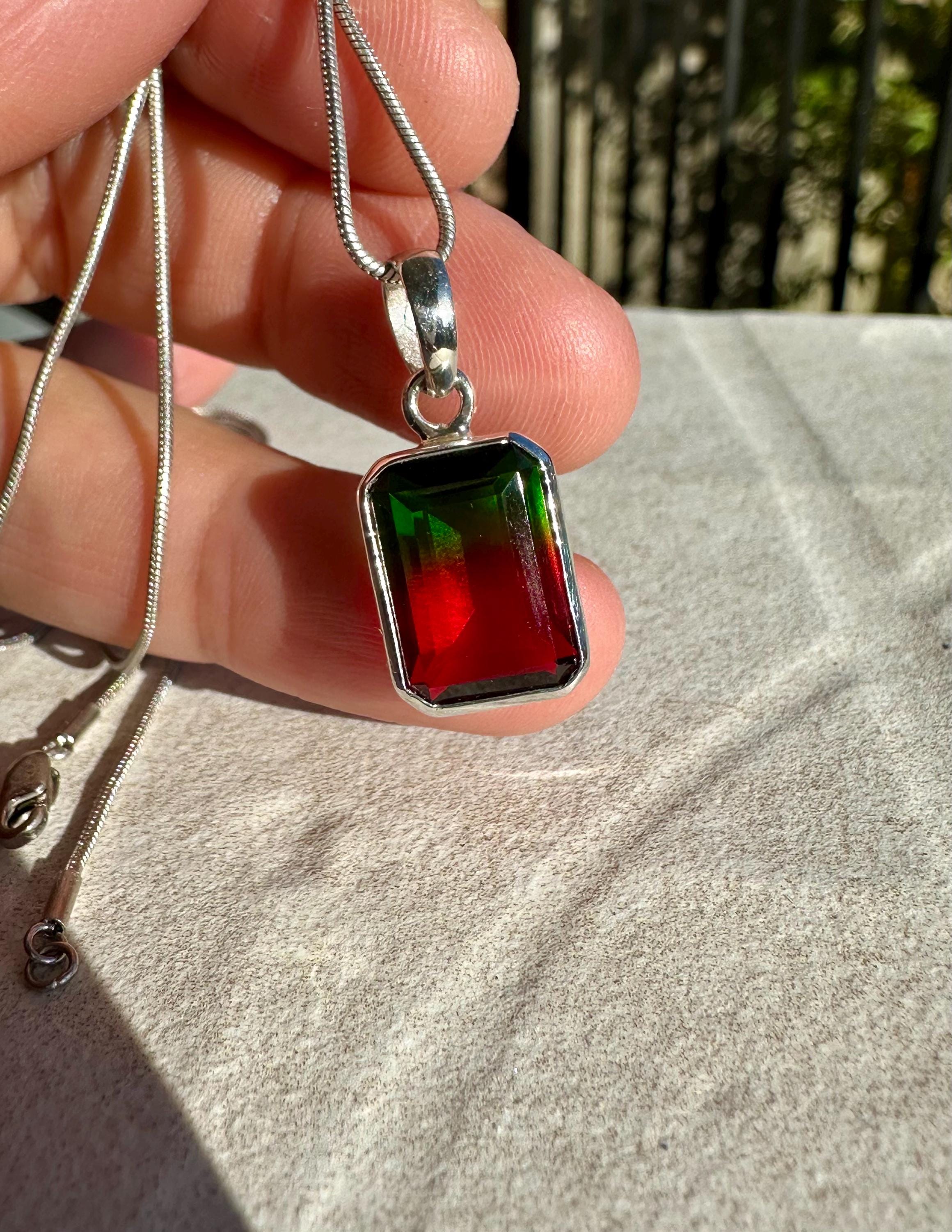 Watermelon Tourmaline Pendant, Emerald Cut 14mm 10mm Sterling Silver, Handmade UK gift