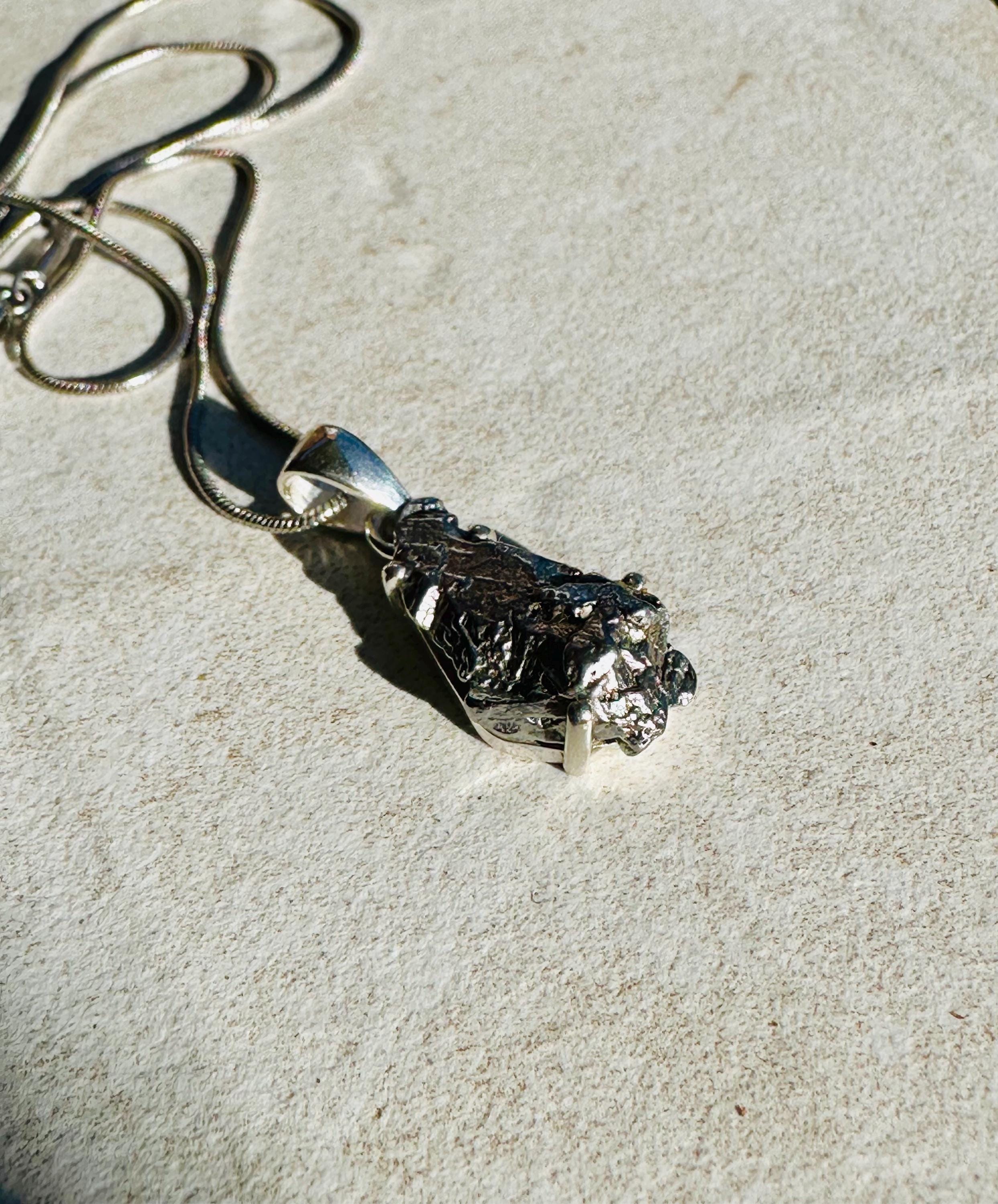 Meteorite Campo Del Cielo Pendant, 20mm x 11mm Sterling Silver, Handmade UK gift
