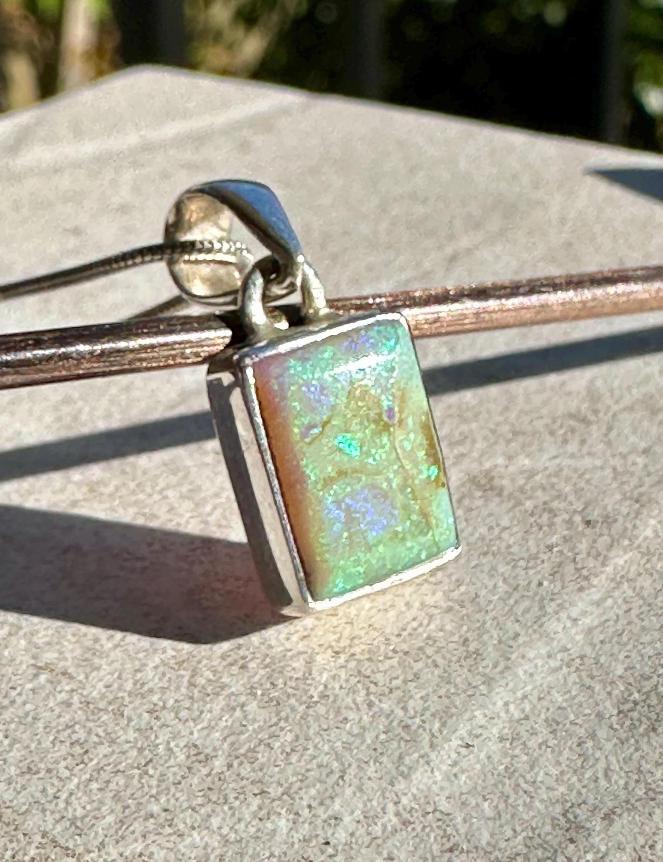 Sterling Opal Pendant: Emerald Cut Sterling Silver Handmade Necklace
