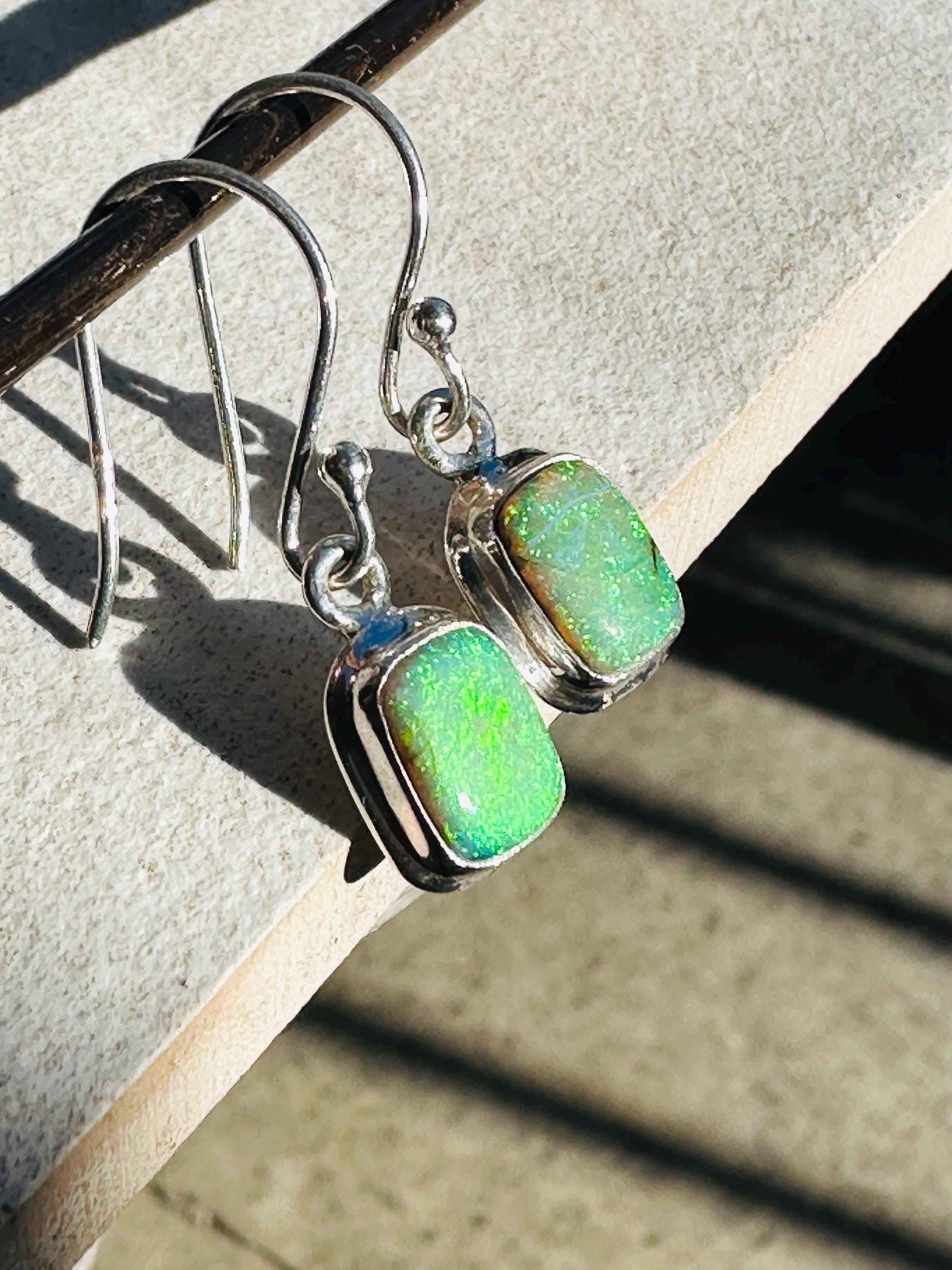 Sterling Silver Monarch Opal Earrings: Emerald Cut, Handmade