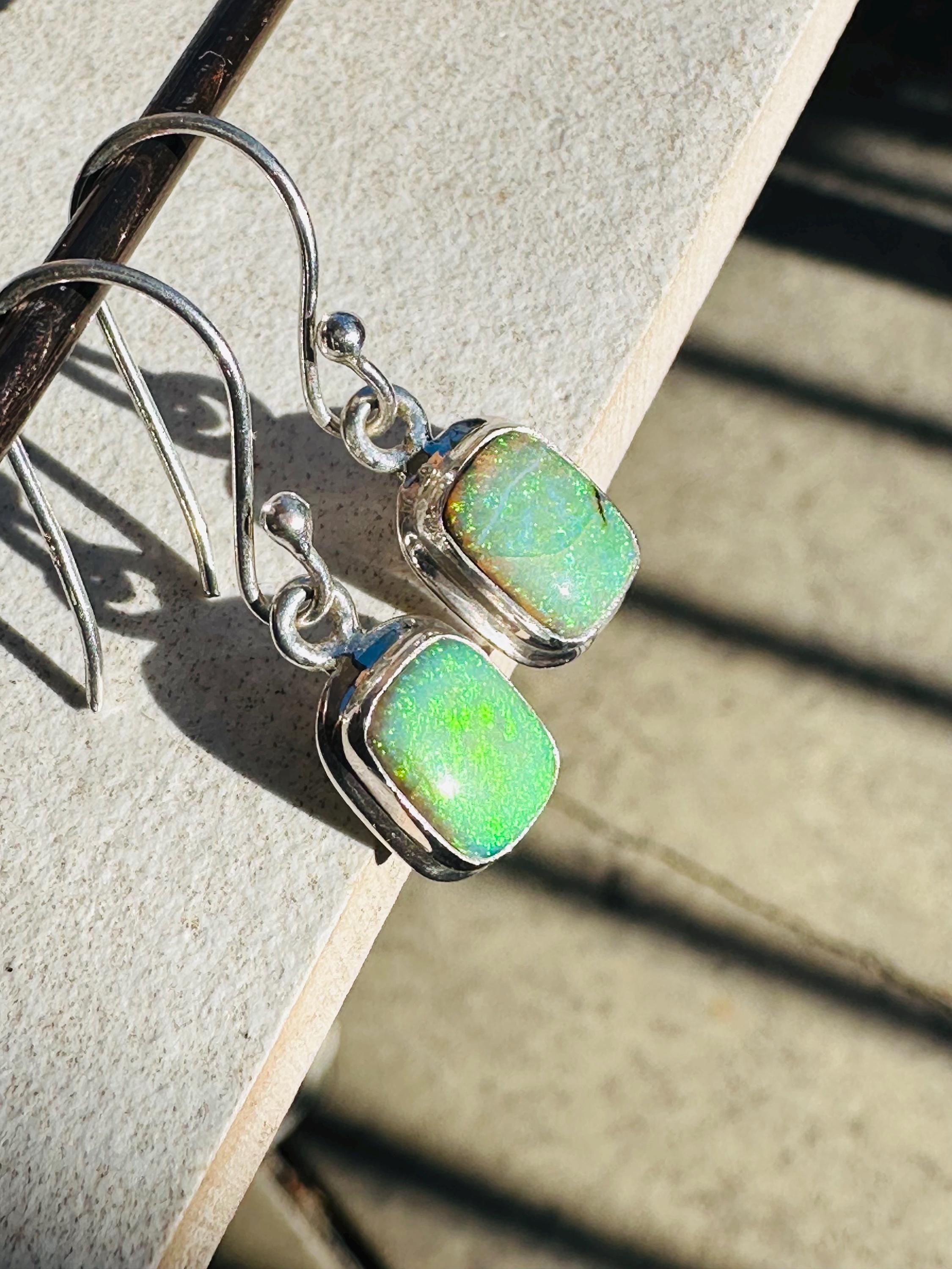 Sterling Silver Monarch Opal Earrings: Emerald Cut, Handmade