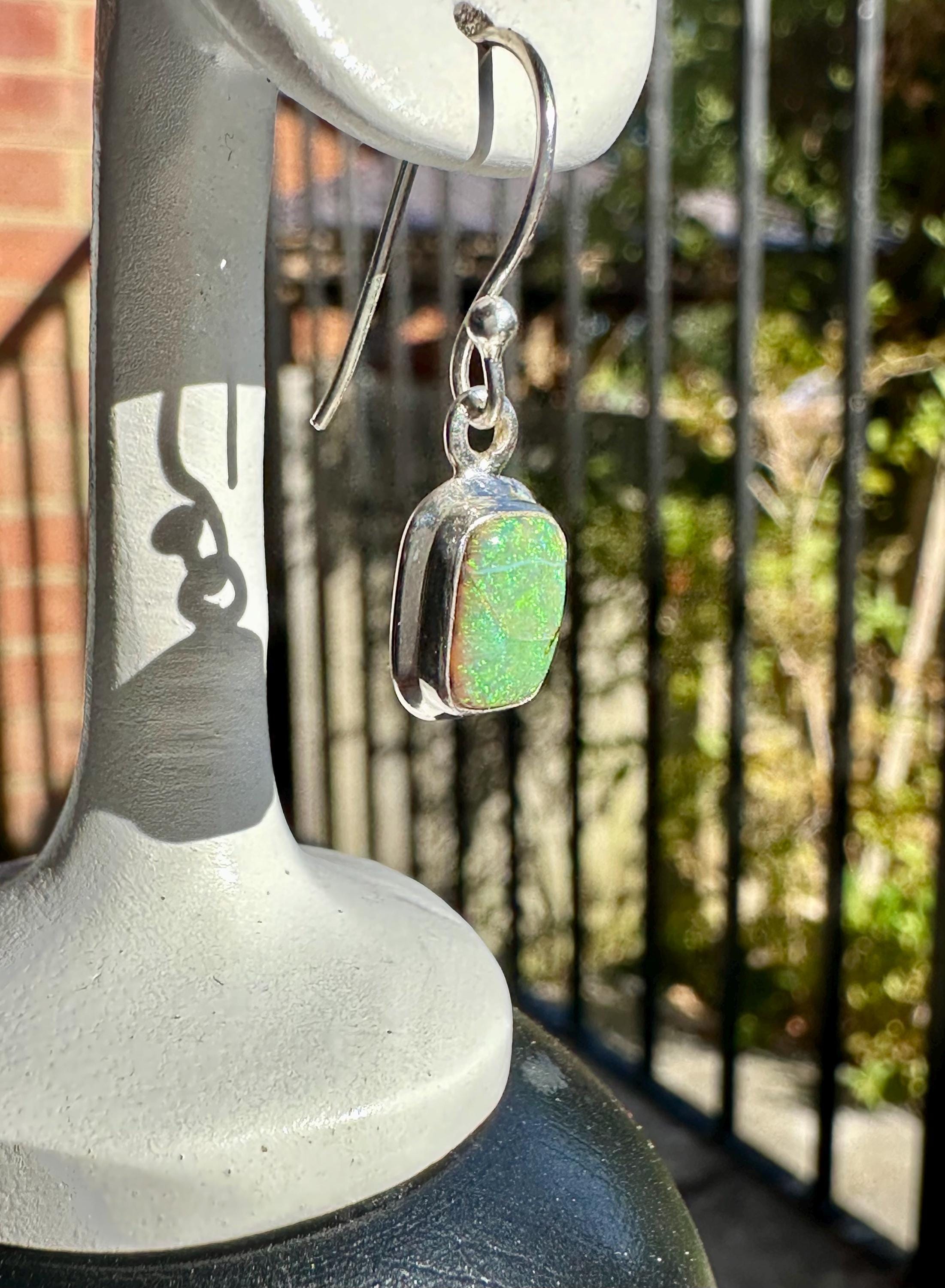 Sterling Silver Monarch Opal Earrings: Emerald Cut, Handmade