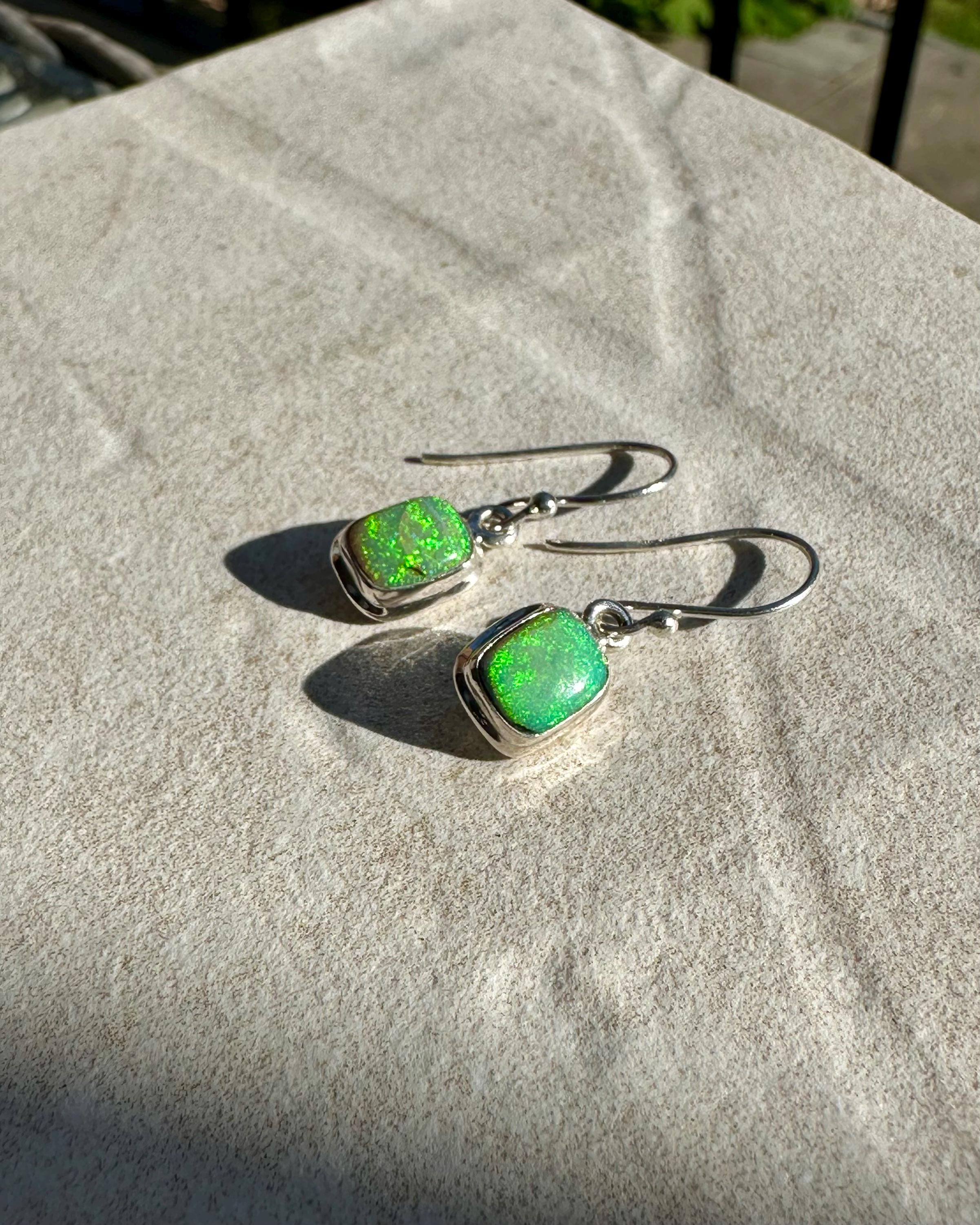 Sterling Silver Monarch Opal Earrings: Emerald Cut, Handmade