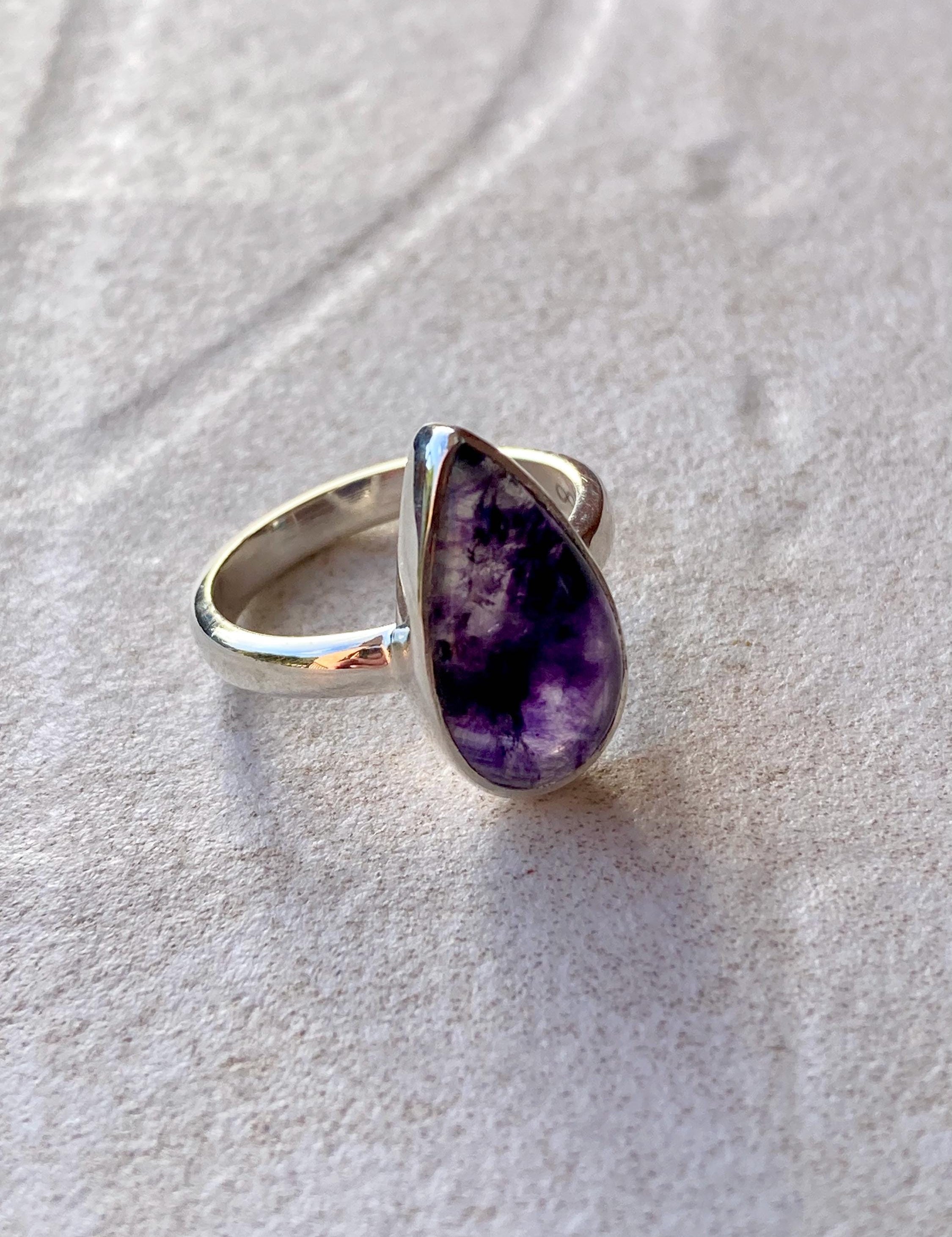 Unique Blue John Ring, Teardrop 18mm x 11mm, Sterling Silver, Handmade Derbyshire UK gift