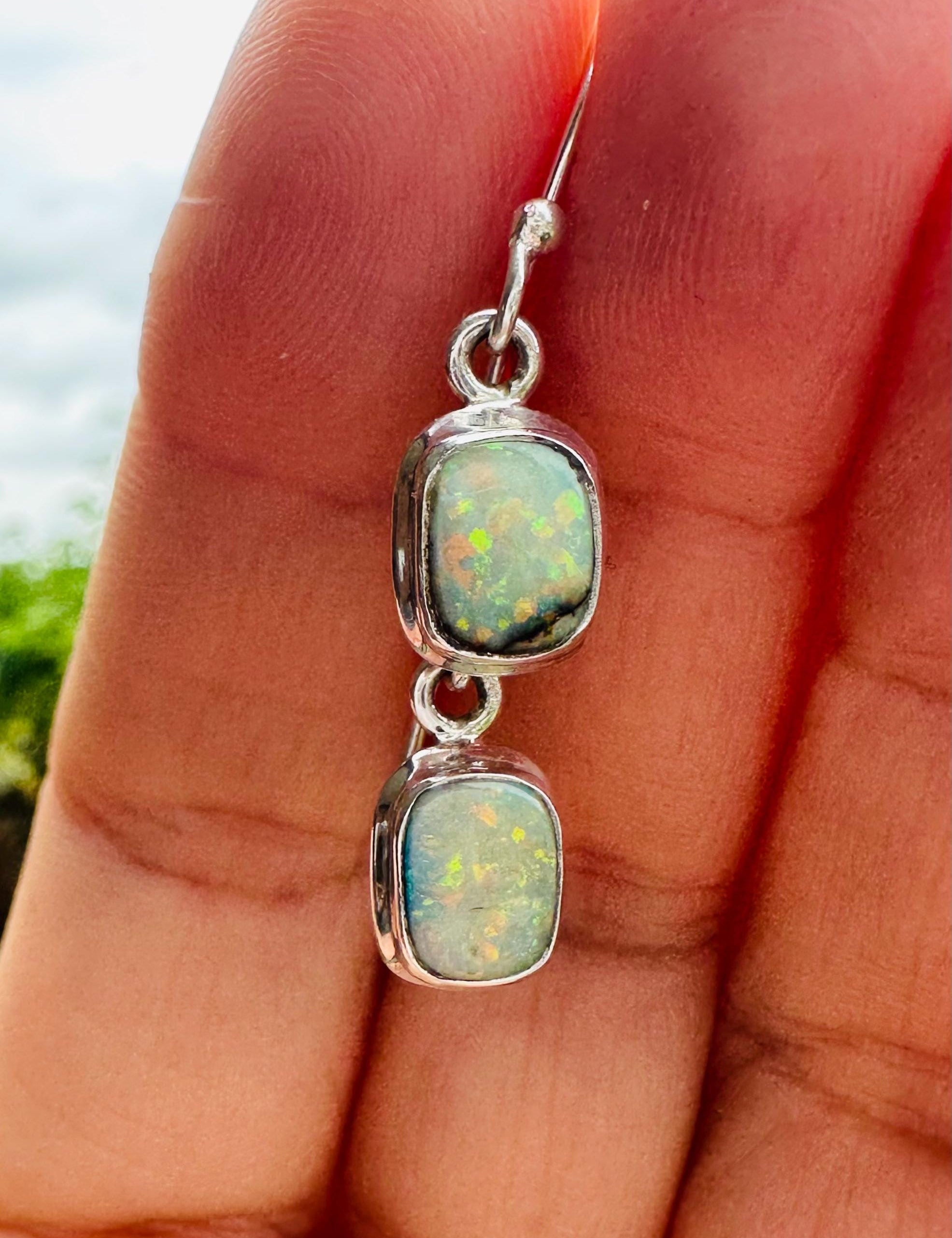 Sterling Opal Monarch Earrings, Sterling Silver Emerald Cut, Handmade