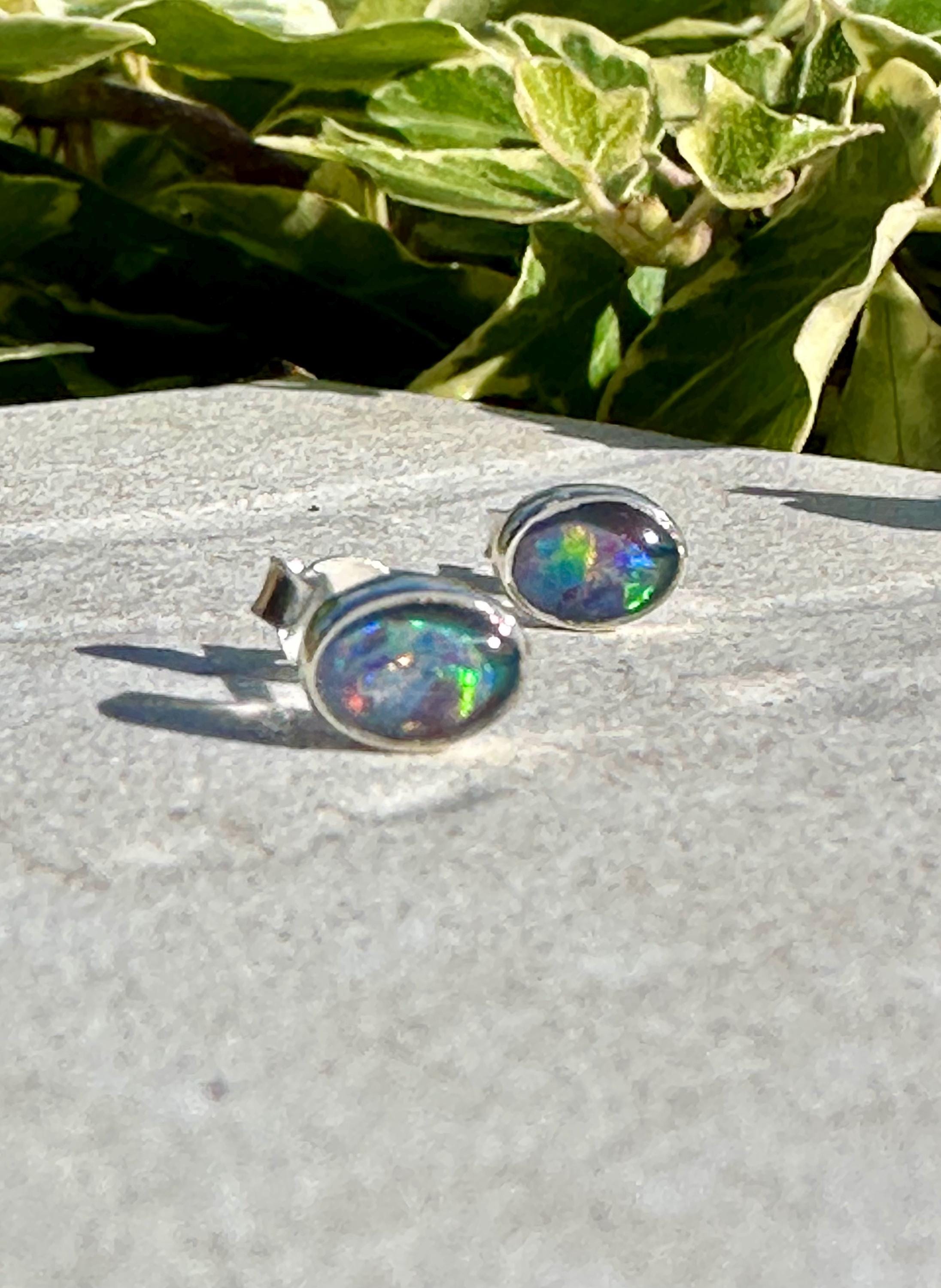 Australian Opal Stud Earrings, Oval Sterling Silver Handmade UK