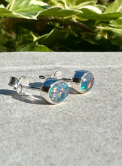 Australian Opal Stud Earrings, Oval Sterling Silver Handmade UK