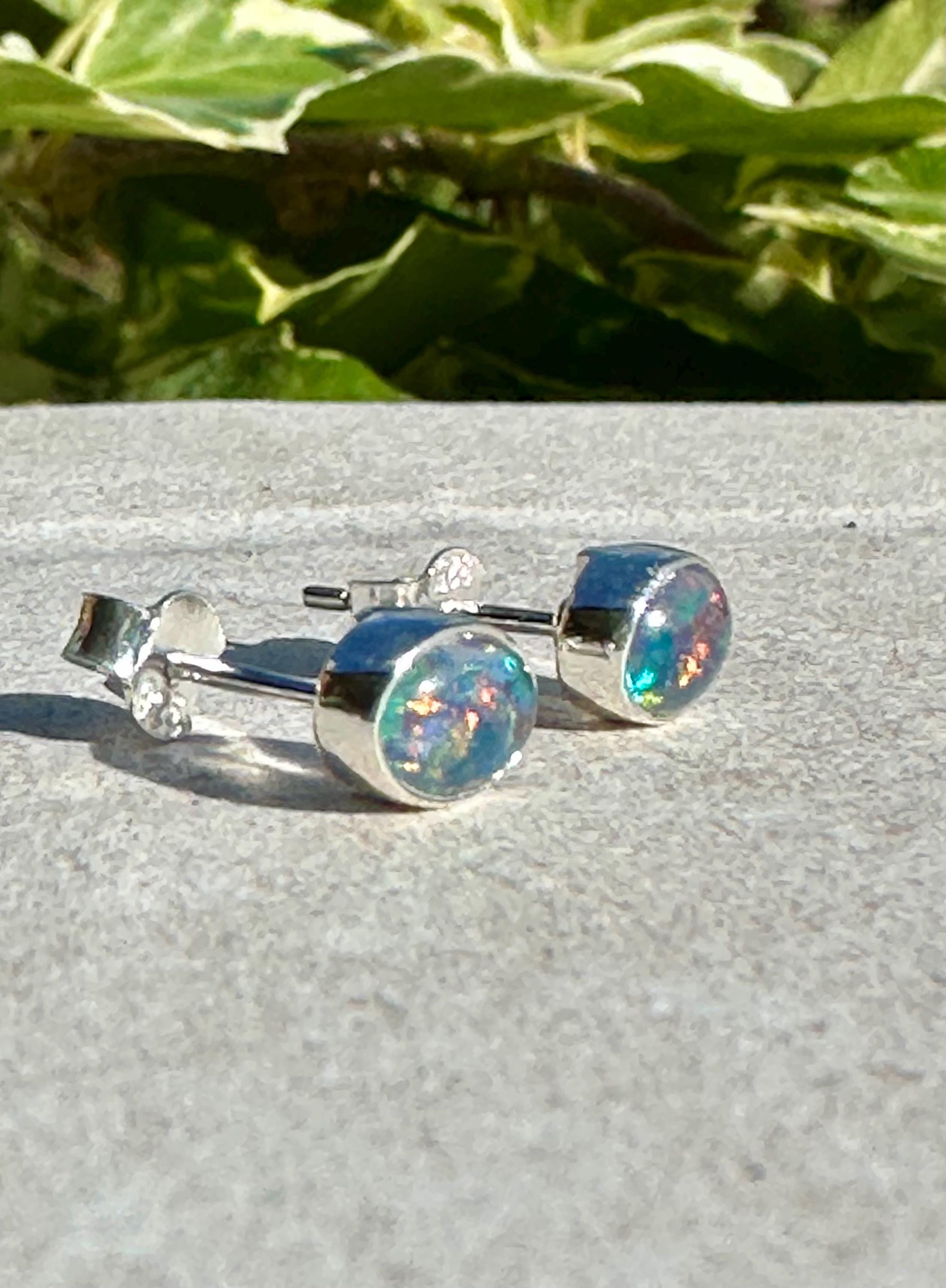 Australian Opal Stud Earrings, Oval Sterling Silver Handmade UK