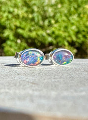 Australian Opal Stud Earrings, Oval Sterling Silver Handmade UK