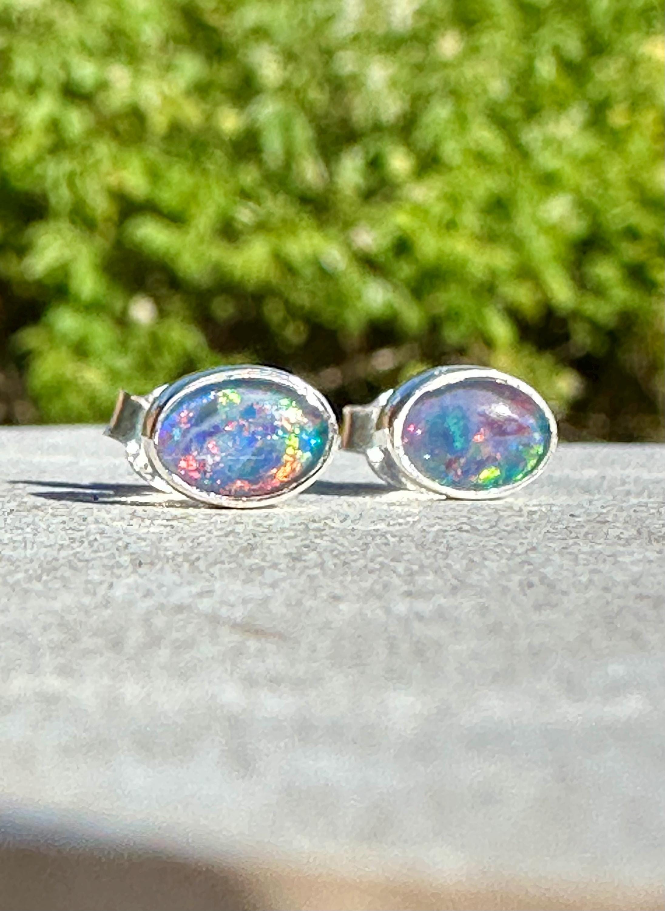Australian Opal Stud Earrings, Oval Sterling Silver Handmade UK
