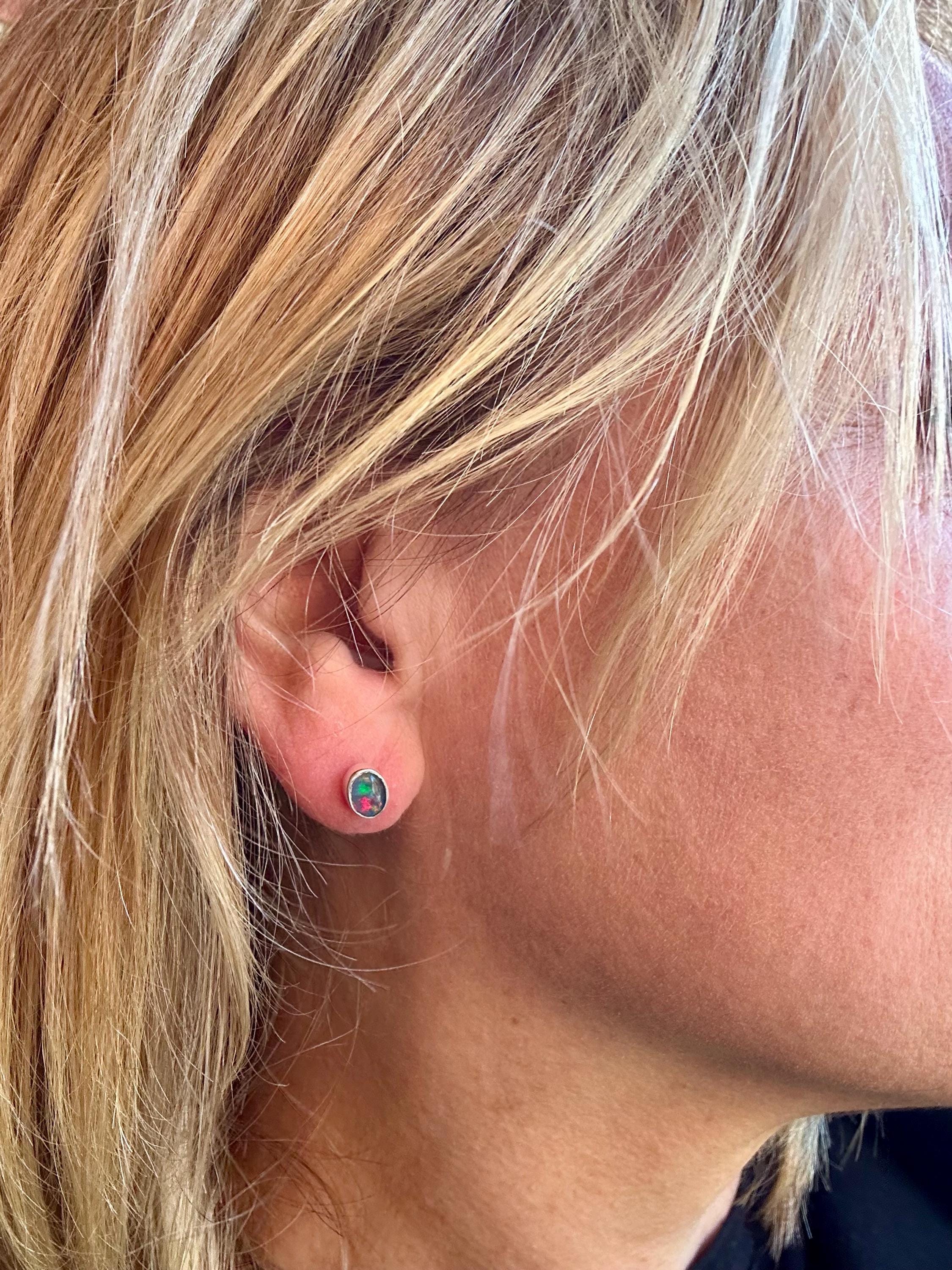 Australian Opal Stud Earrings, Oval Sterling Silver Handmade UK