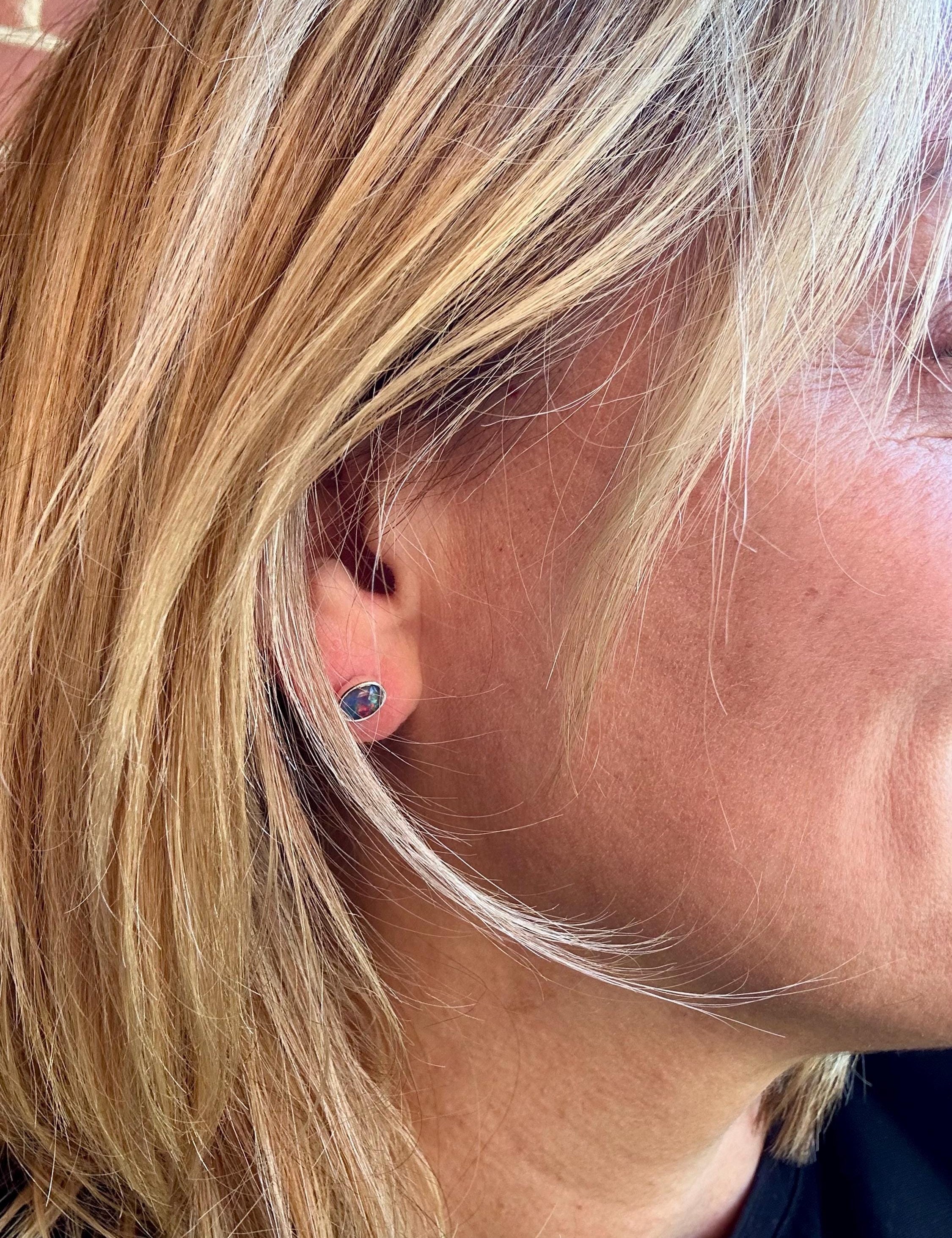 Australian Opal Stud Earrings, Oval Sterling Silver Handmade UK
