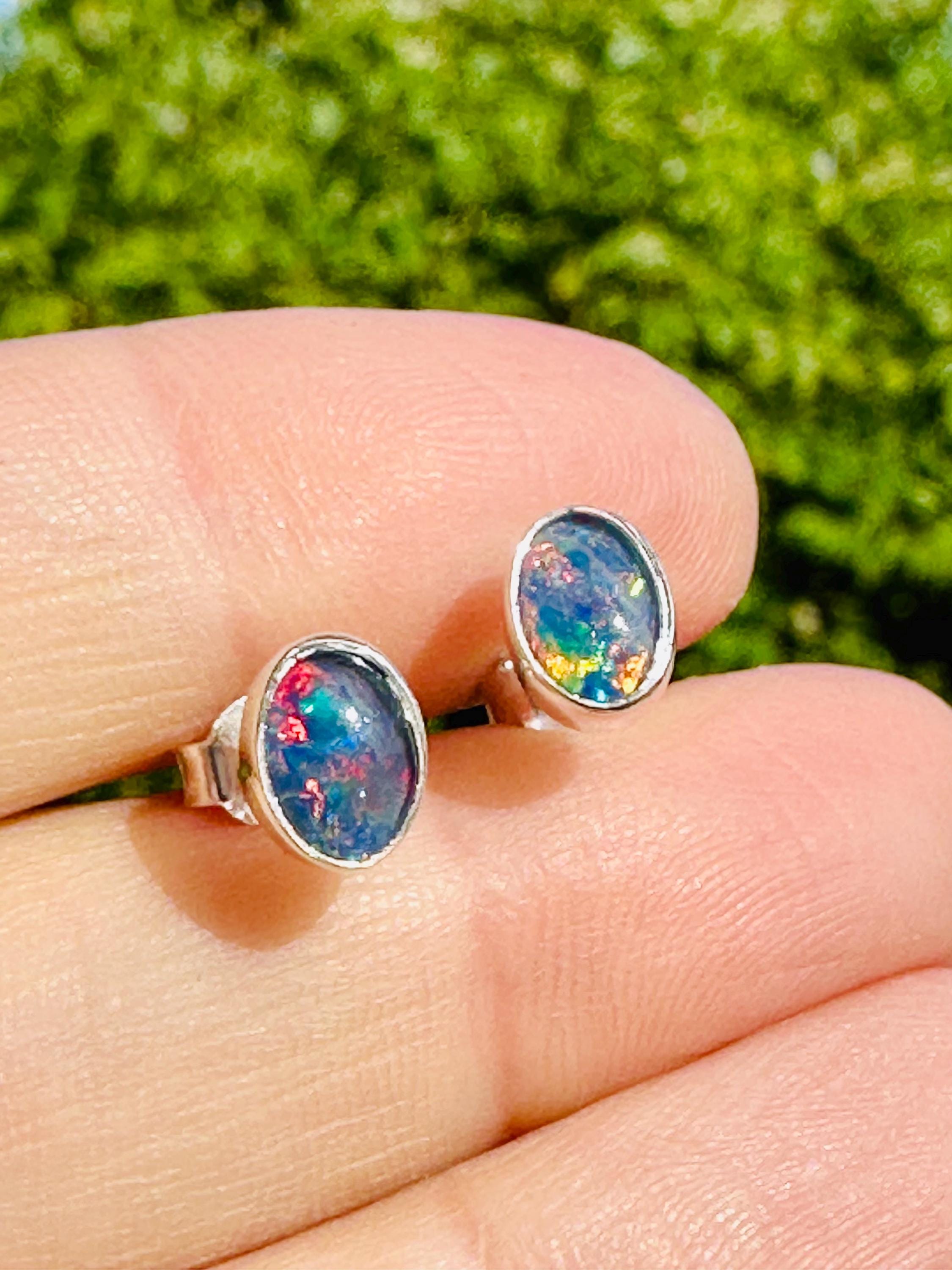 Australian Opal Stud Earrings, Oval Sterling Silver Handmade UK