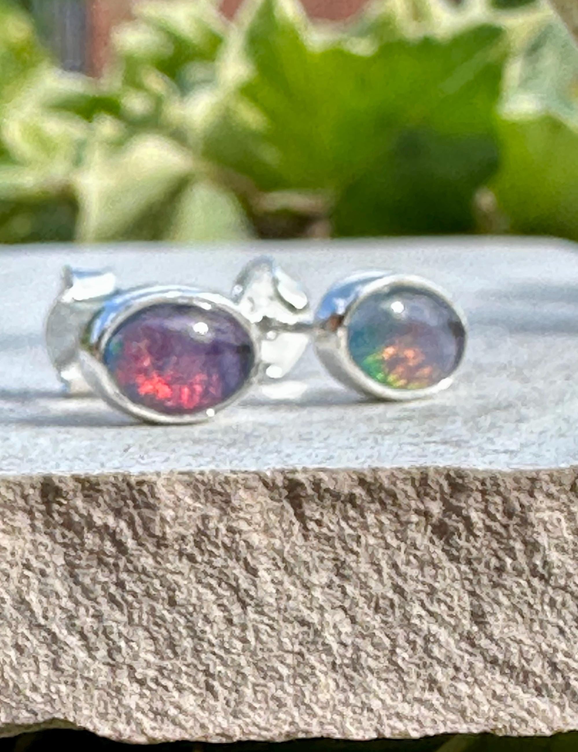Australian Opal Stud Earrings, Oval Sterling Silver Handmade UK