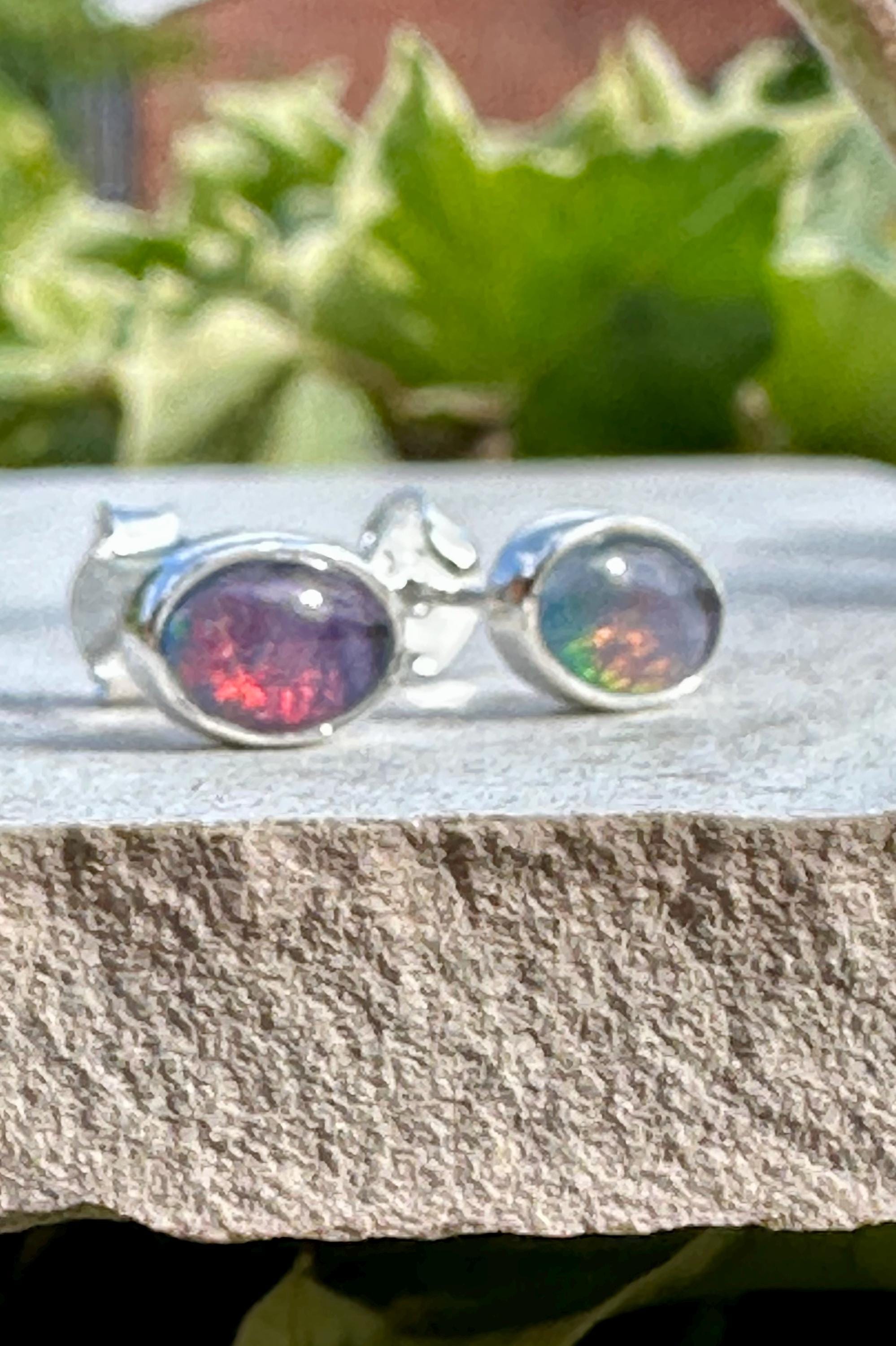 Australian Opal Stud Earrings, Oval Sterling Silver Handmade UK