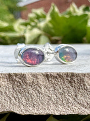 Australian Opal Stud Earrings, Oval Sterling Silver Handmade UK