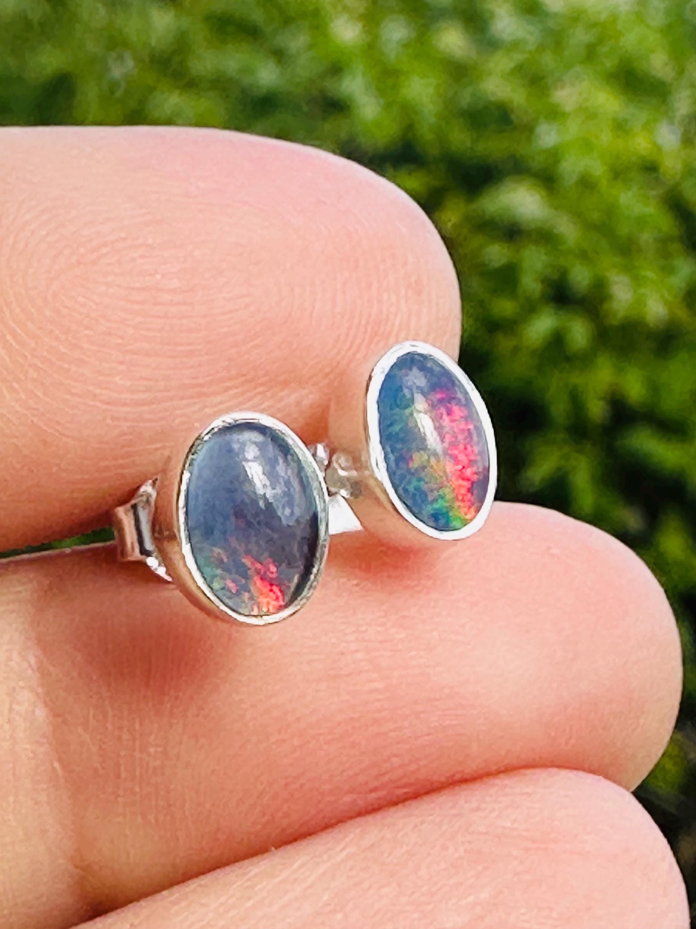 Australian Opal Stud Earrings, Oval Sterling Silver Handmade UK