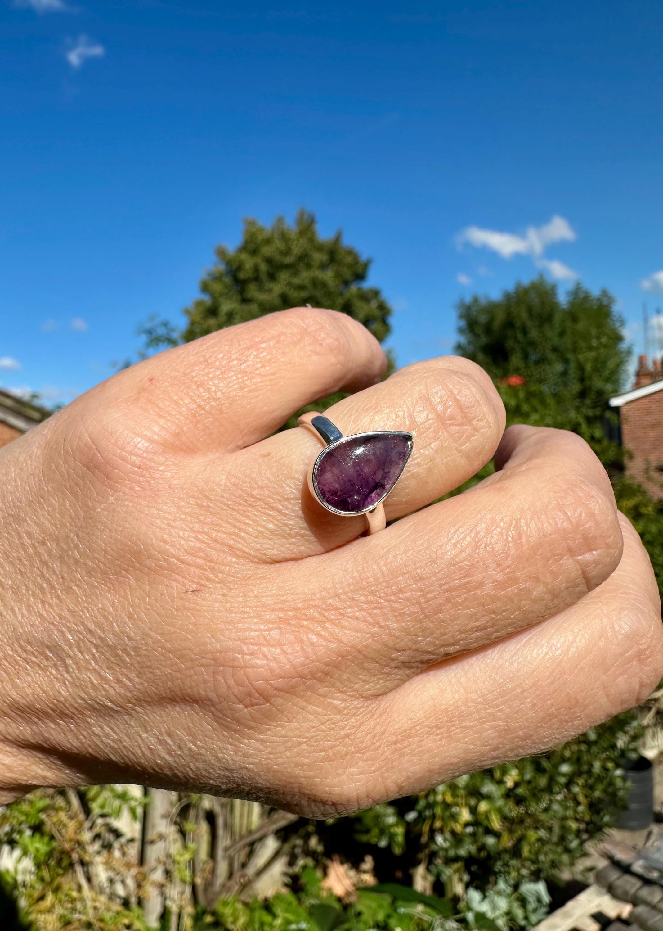 Unique Blue John Ring, Teardrop 15mm x 10mm, Sterling Silver, Handmade Derbyshire UK gift