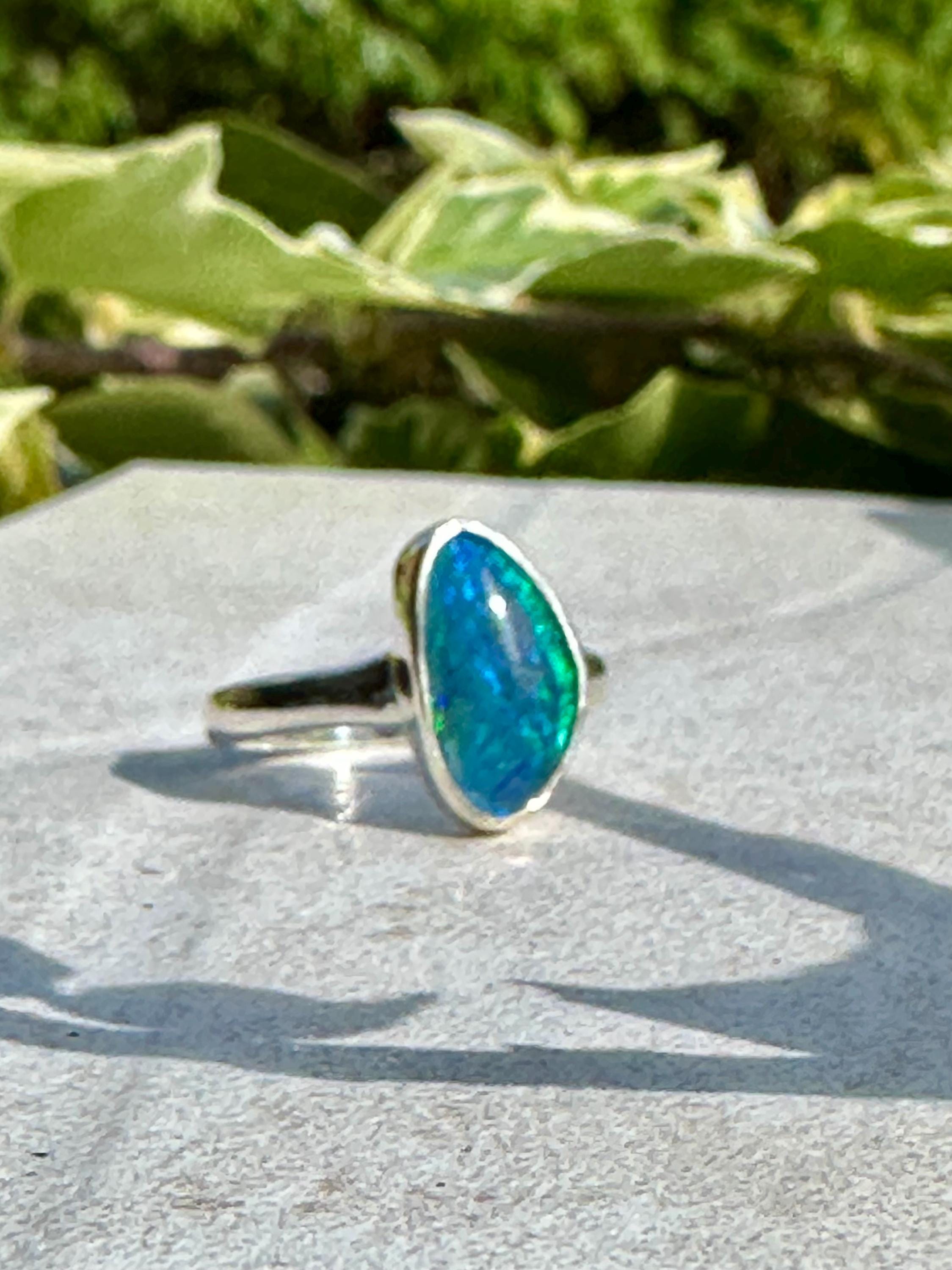 Natural Australian Opal Ring 14mm x 8mm Sterling Silver Size N 1/2 (7) Handmade UK