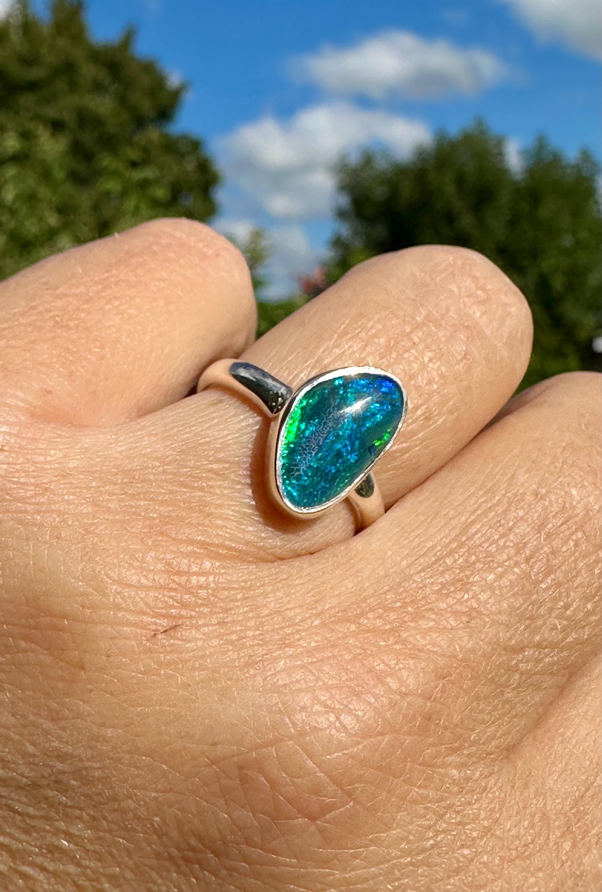 Natural Australian Opal Ring 14mm x 8mm Sterling Silver Size N 1/2 (7) Handmade UK