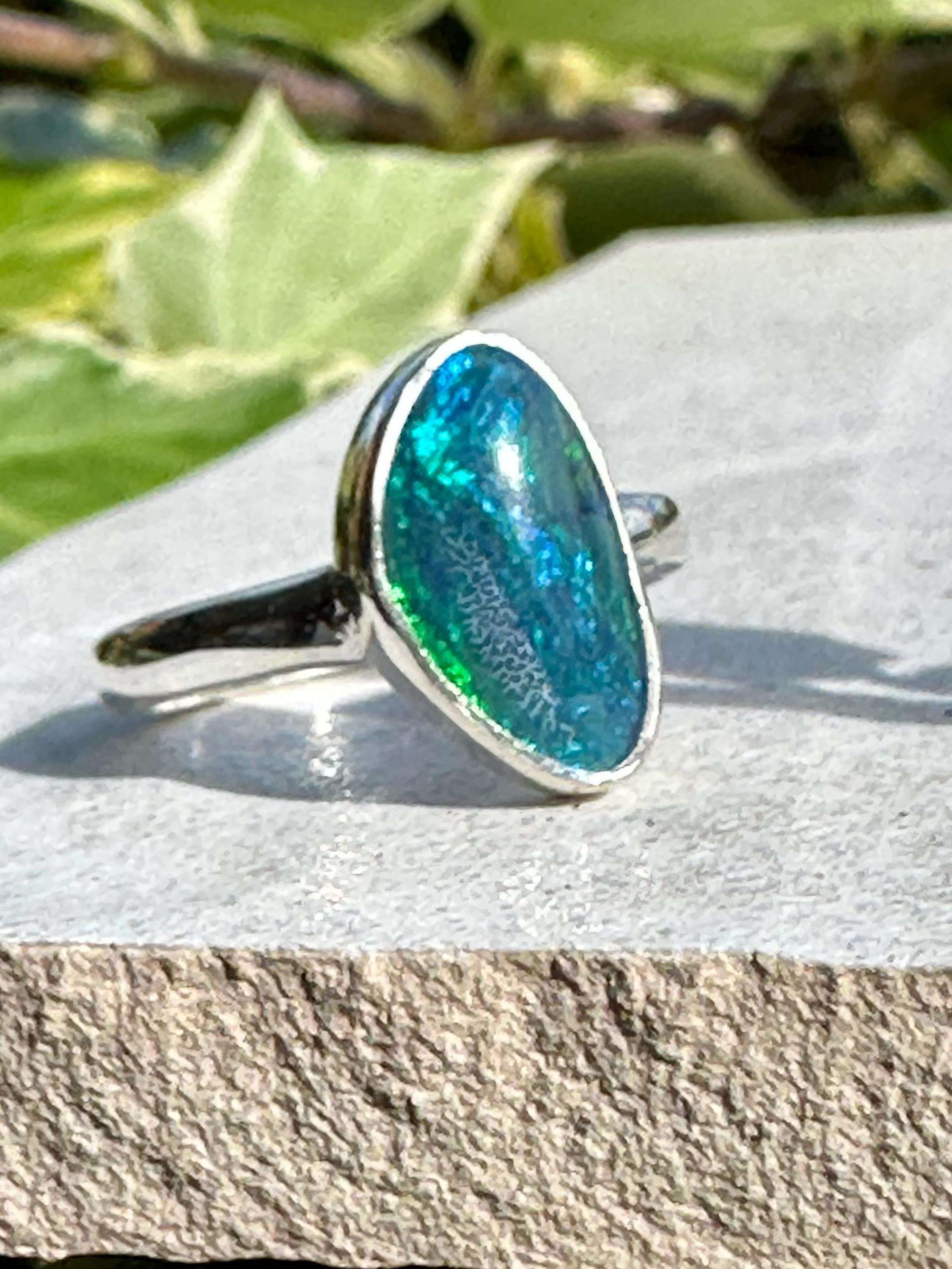 Natural Australian Opal Ring 14mm x 8mm Sterling Silver Size N 1/2 (7) Handmade UK