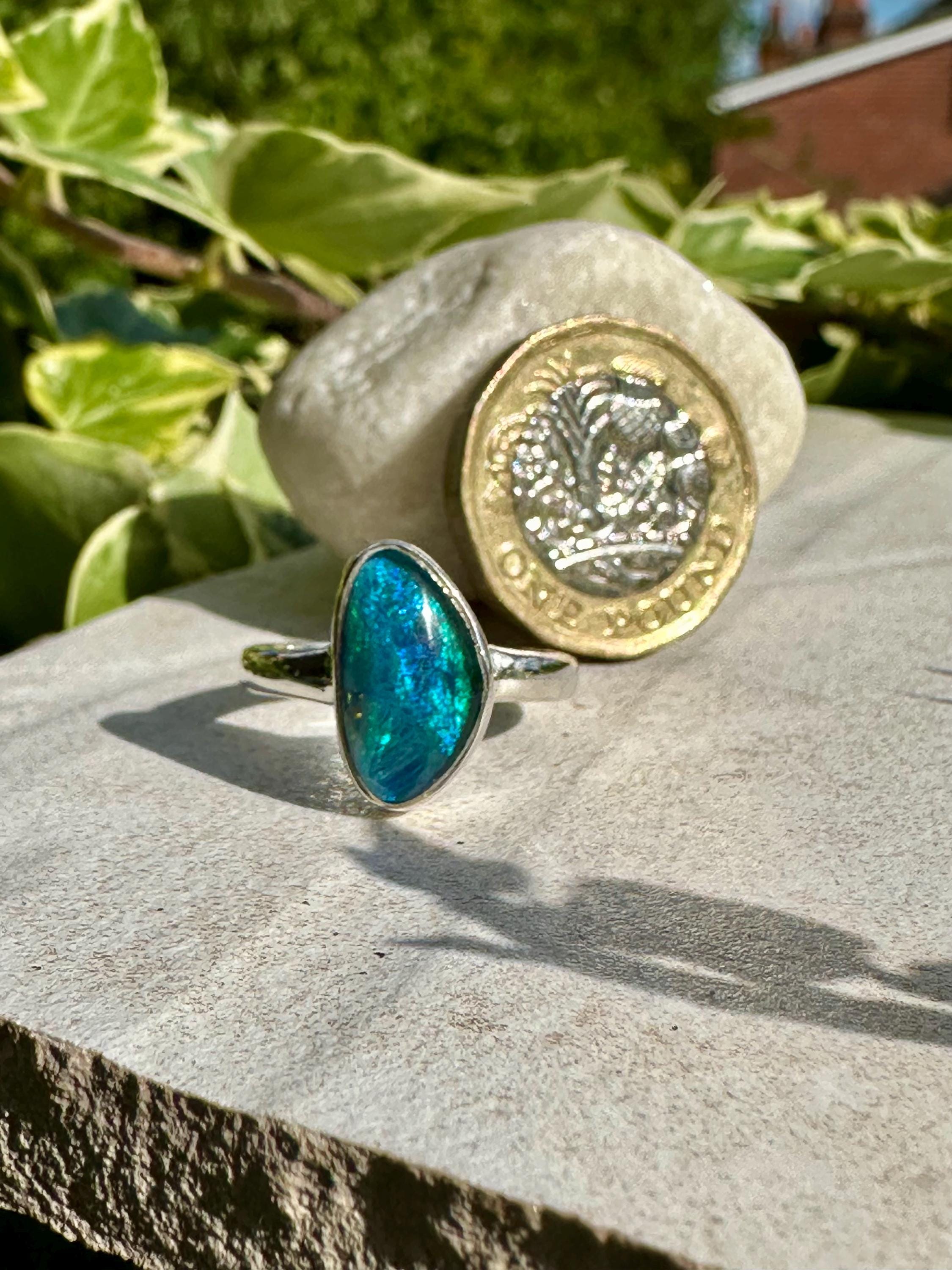 Natural Australian Opal Ring 14mm x 8mm Sterling Silver Size N 1/2 (7) Handmade UK