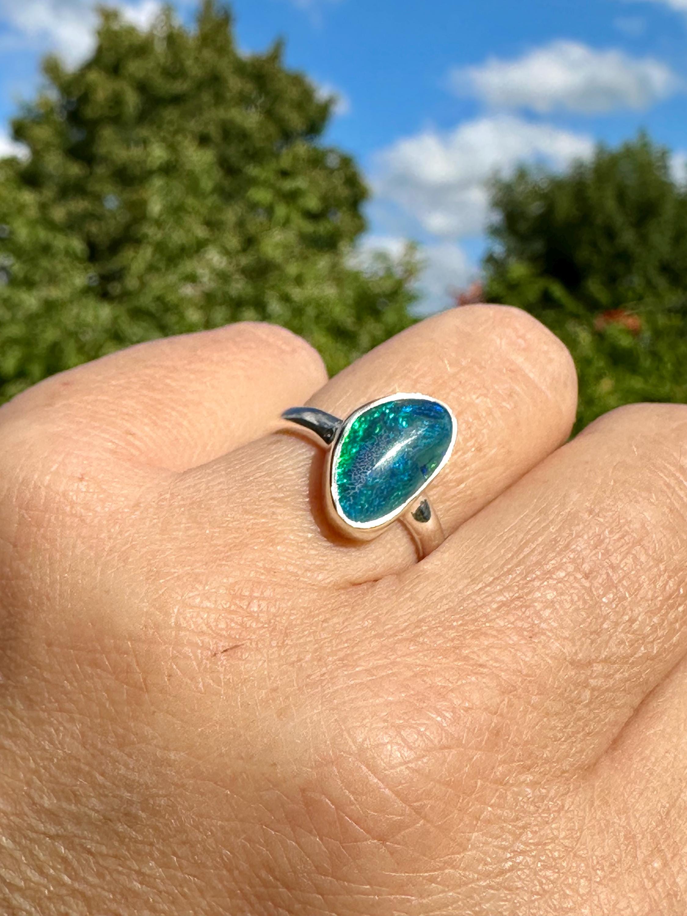 Natural Australian Opal Ring 14mm x 8mm Sterling Silver Size N 1/2 (7) Handmade UK