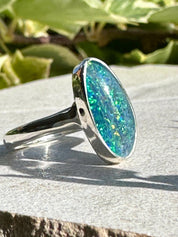 Natural Australian Opal Ring 16mm x 8mm Sterling Silver Size O 1/2 (7 1/2) Handmade UK