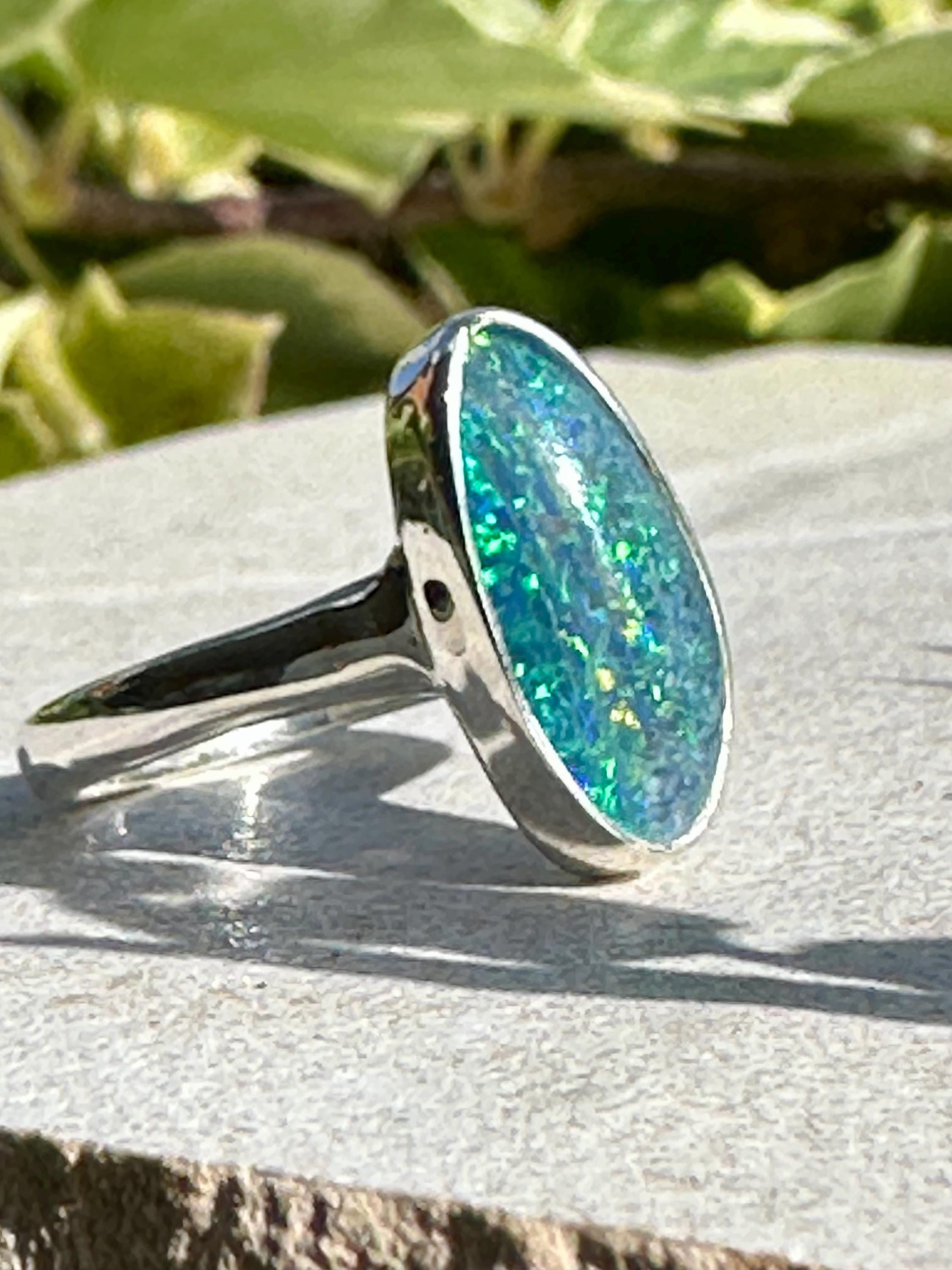 Natural Australian Opal Ring 16mm x 8mm Sterling Silver Size O 1/2 (7 1/2) Handmade UK