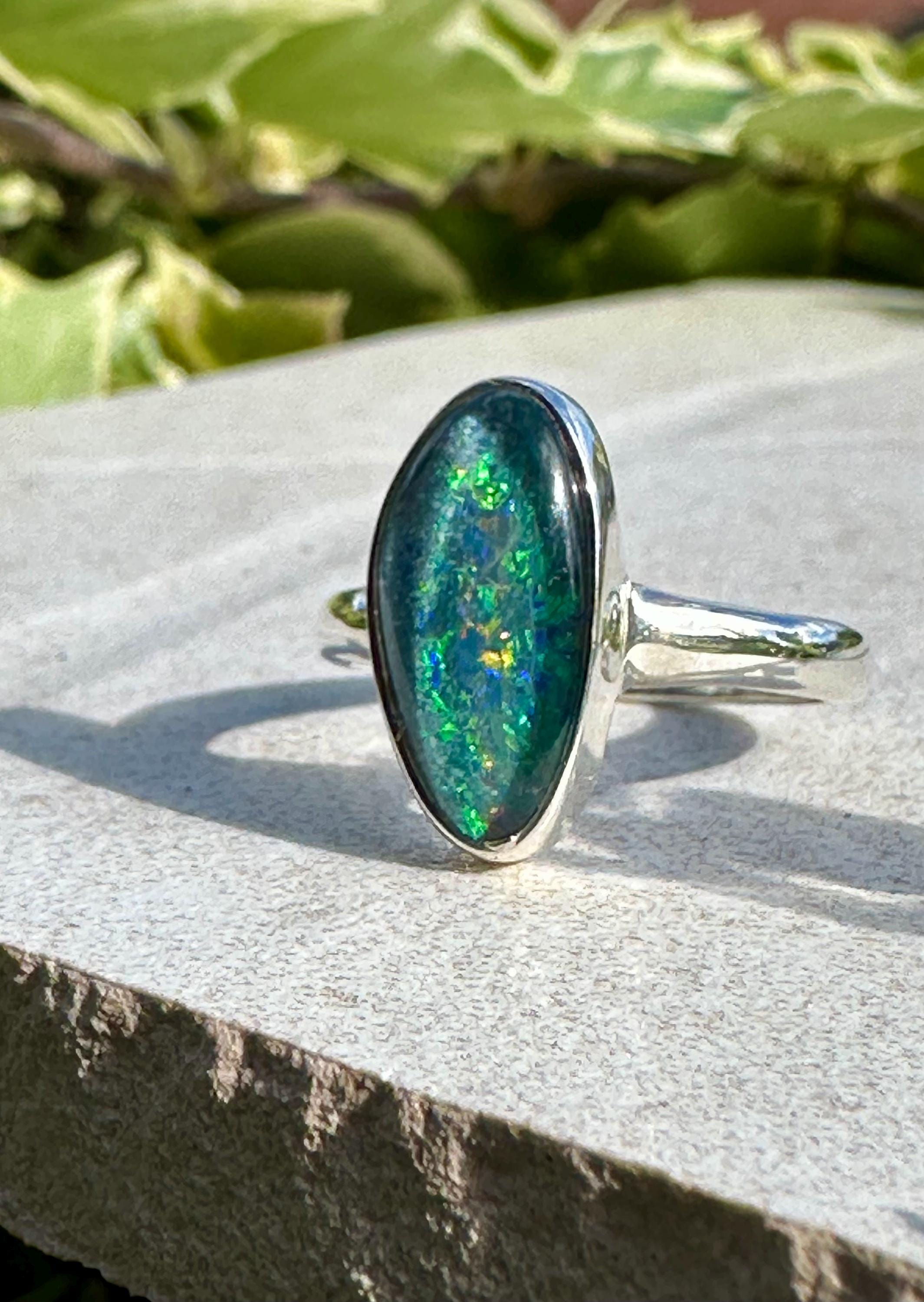 Natural Australian Opal Ring 16mm x 8mm Sterling Silver Size O 1/2 (7 1/2) Handmade UK