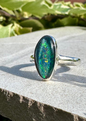 Natural Australian Opal Ring 16mm x 8mm Sterling Silver Size O 1/2 (7 1/2) Handmade UK