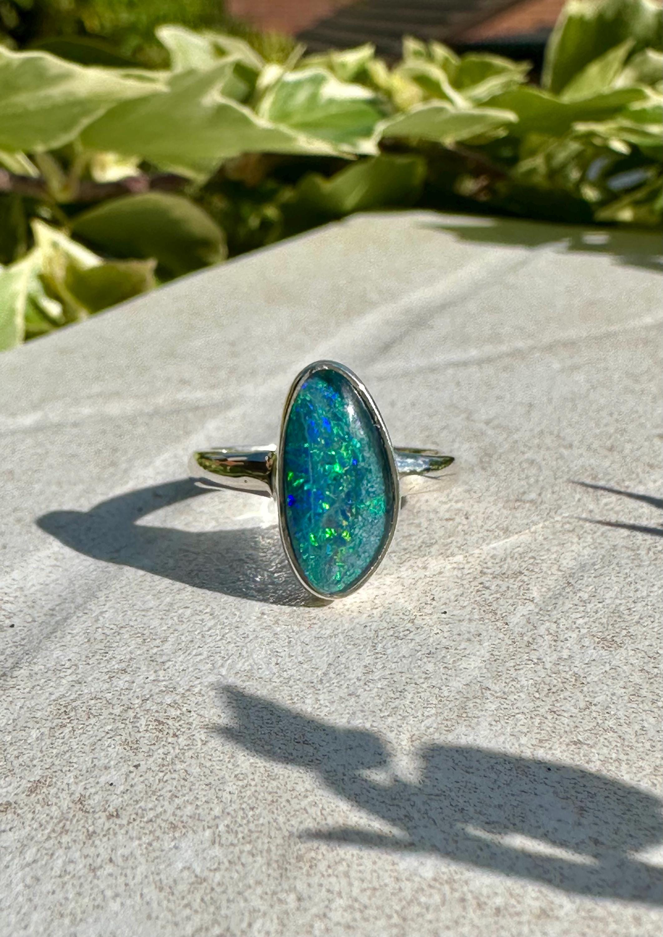 Natural Australian Opal Ring 16mm x 8mm Sterling Silver Size O 1/2 (7 1/2) Handmade UK