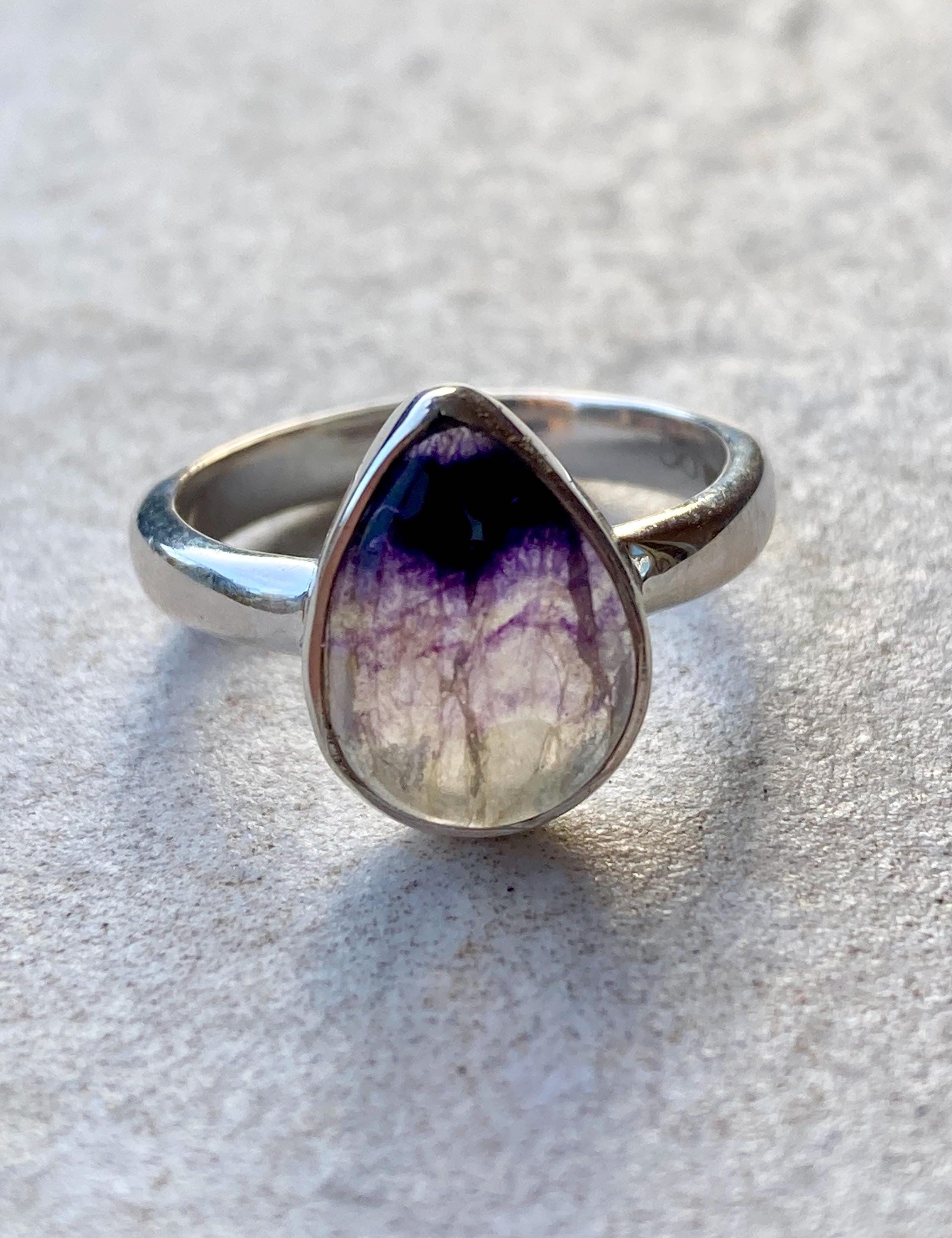 Unique Blue John Ring, Teardrop 13mm x 10mm, Sterling Silver, Handmade Derbyshire UK gift