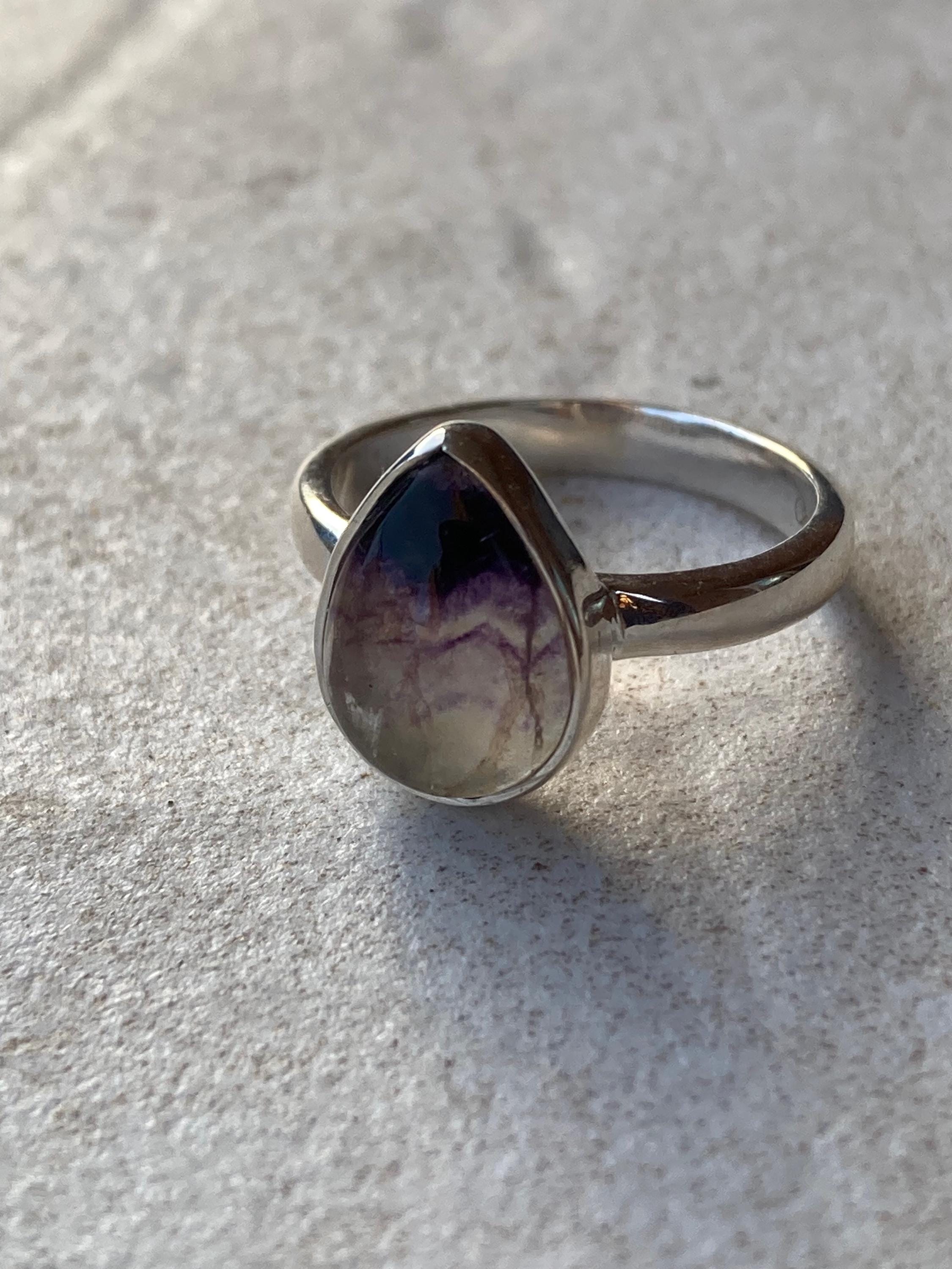 Unique Blue John Ring, Teardrop 13mm x 10mm, Sterling Silver, Handmade Derbyshire UK gift