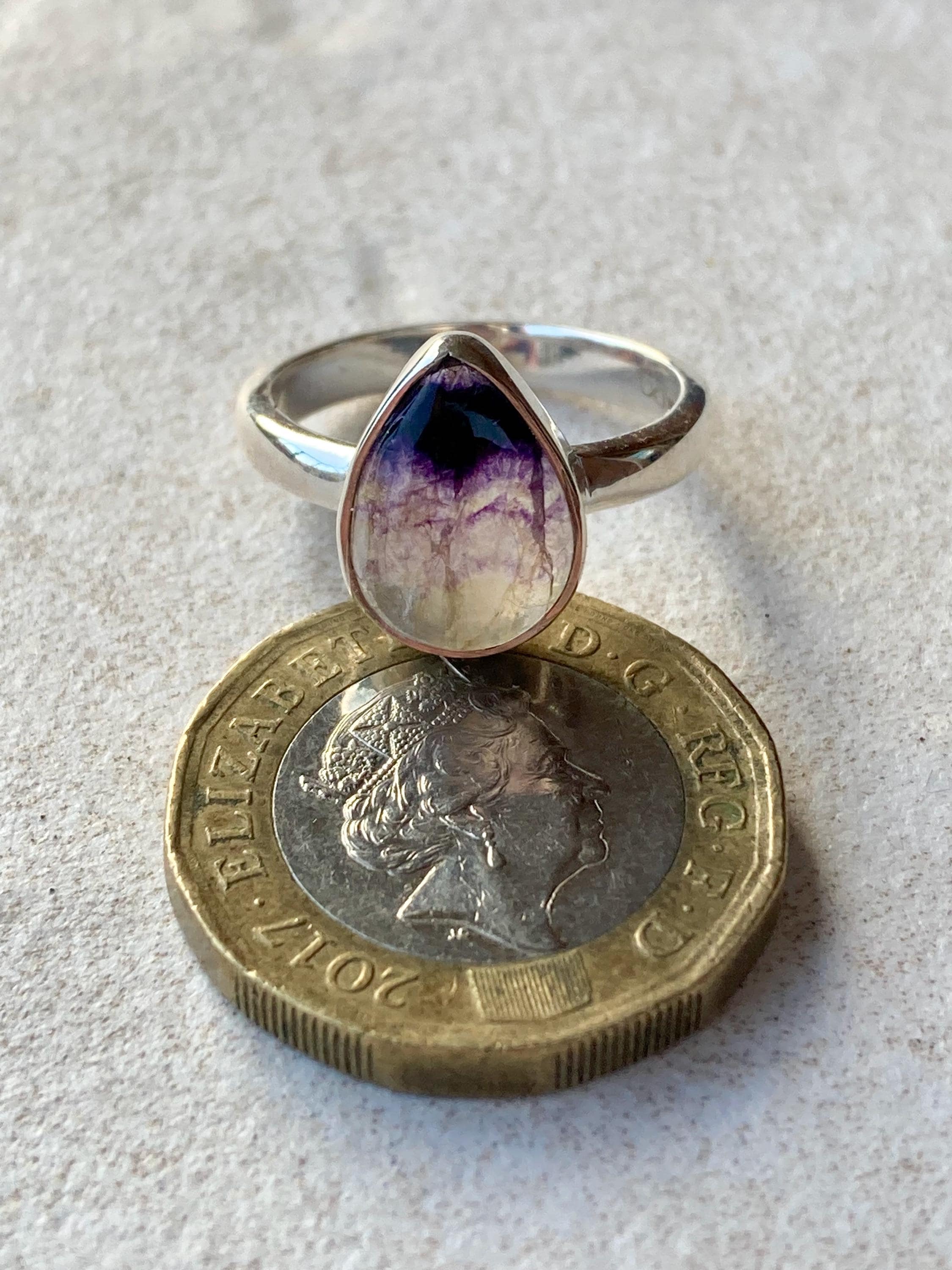 Unique Blue John Ring, Teardrop 13mm x 10mm, Sterling Silver, Handmade Derbyshire UK gift