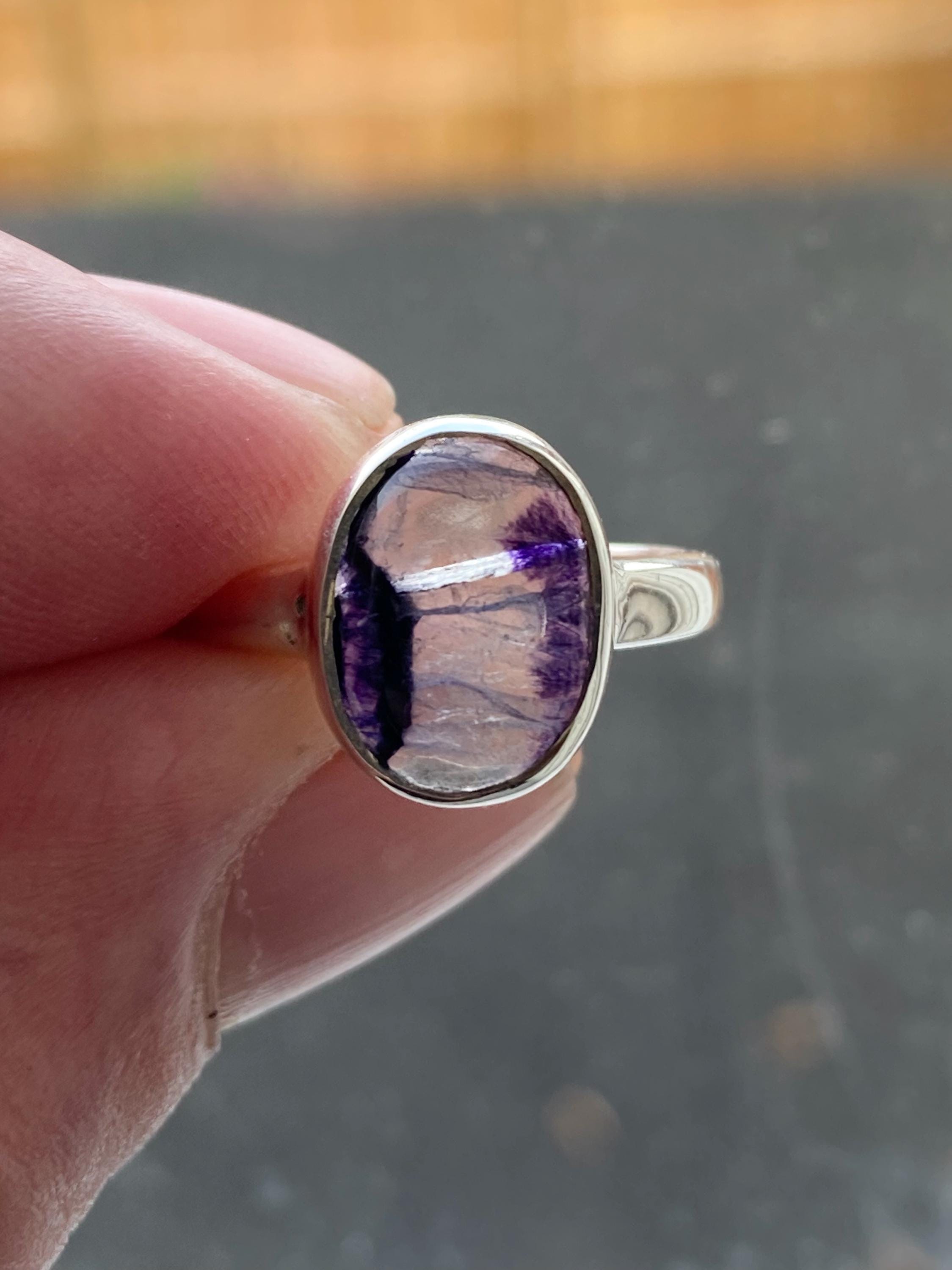 Rare Blue John Ring in Sterling Silver, Oval Derbyshire Spar Statement Gemstone Ring