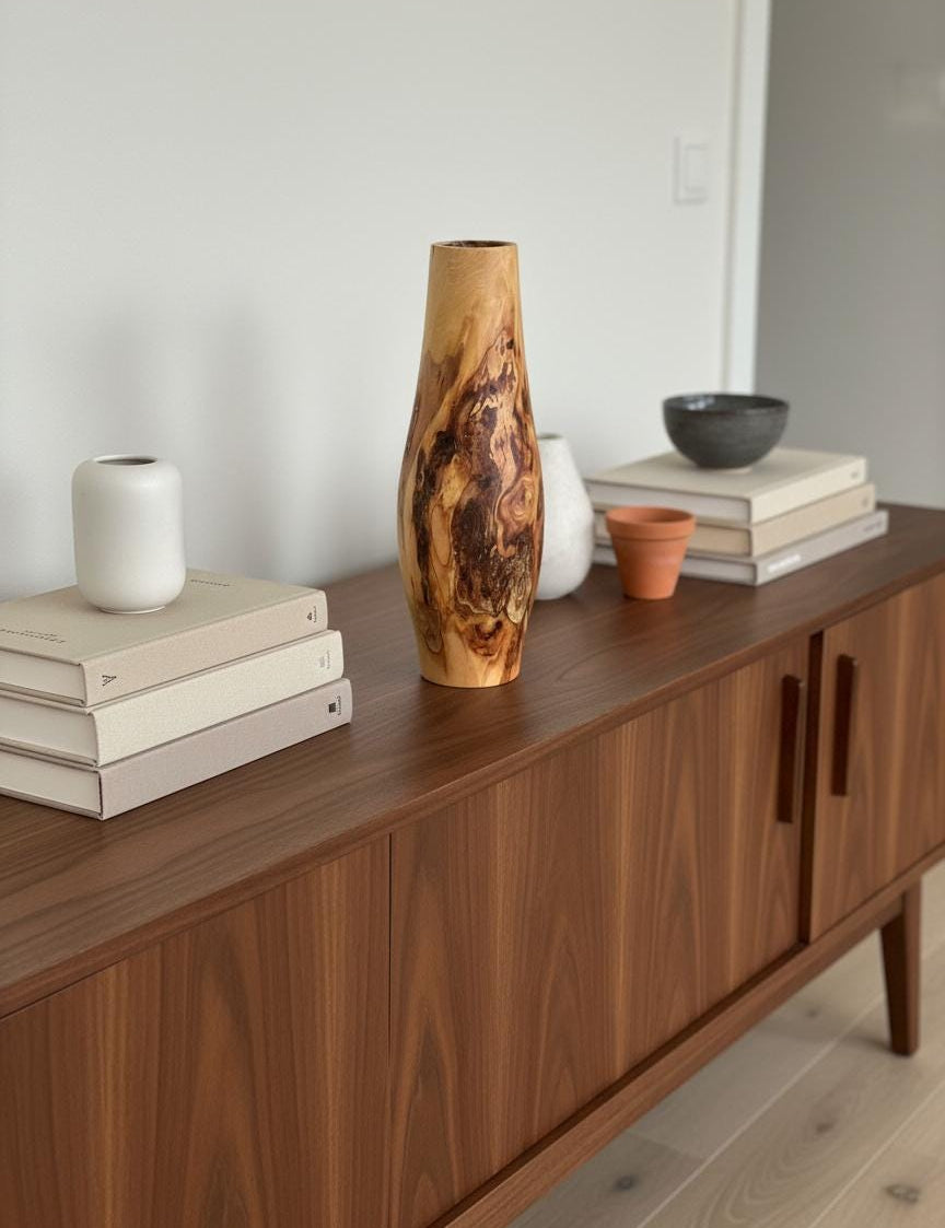 Tall Hand-Turned Burr Elm Wooden Vase – 5th Anniversary (Wood) Gift, Scandinavian Minimalist Decor.