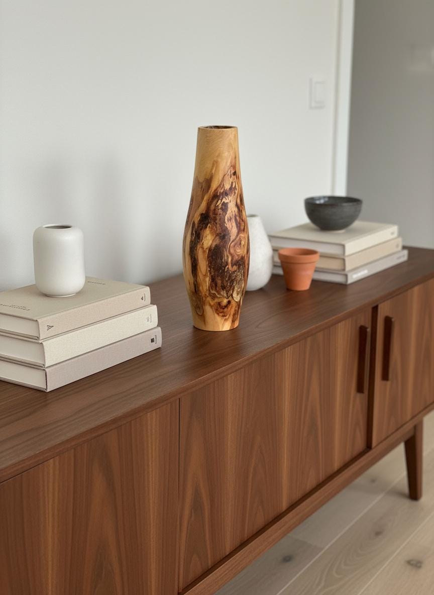 Tall Hand-Turned Burr Elm Wooden Vase – 5th Anniversary (Wood) Gift, Scandinavian Minimalist Decor.